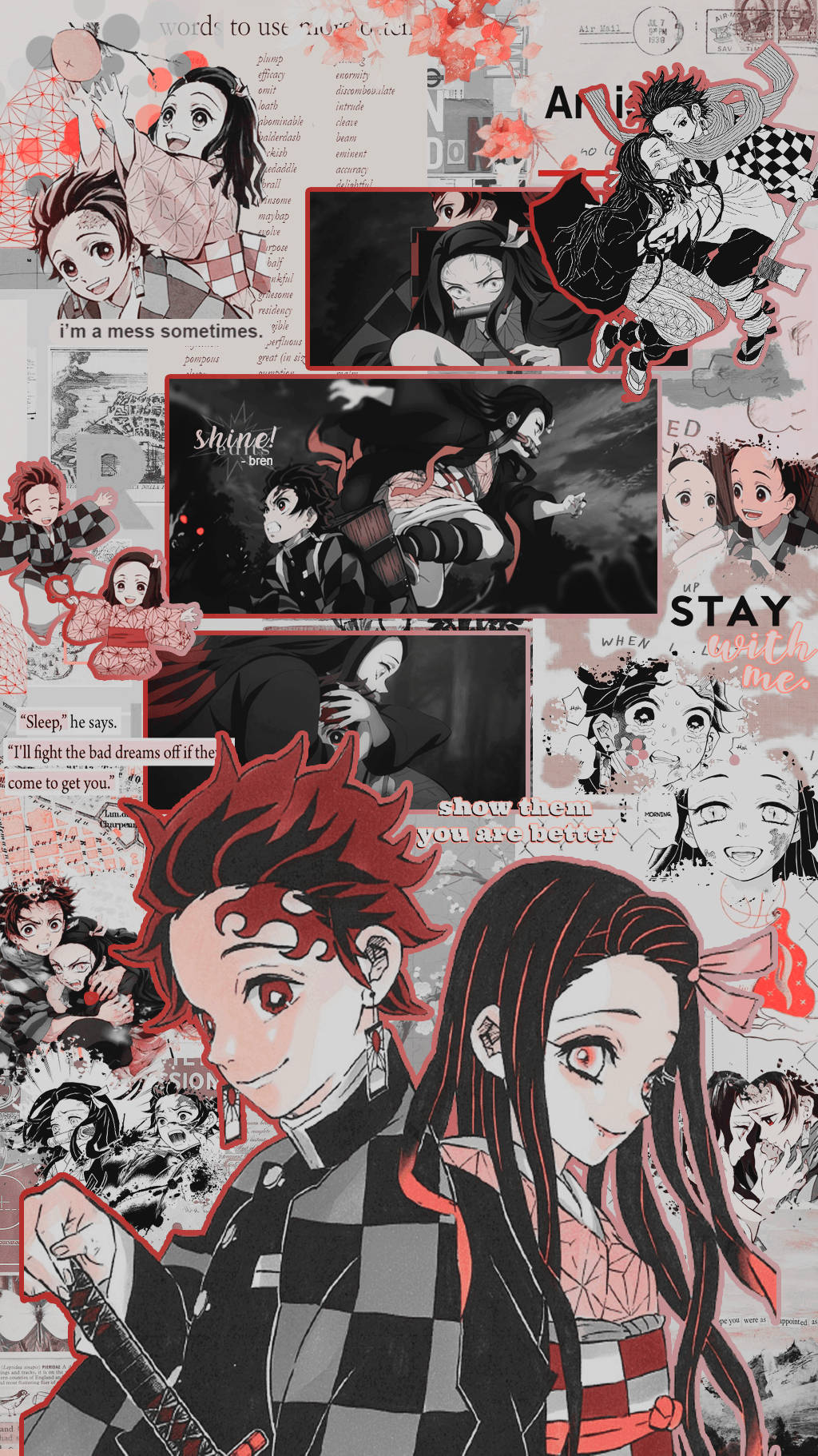Collage 桌布 壁紙 — 一幅充滿活力的動漫拼貼畫，以《鬼滅之刃》中紅髮和格紋圖案的角色為特色，並疊加了語錄和富有表現力的插圖。