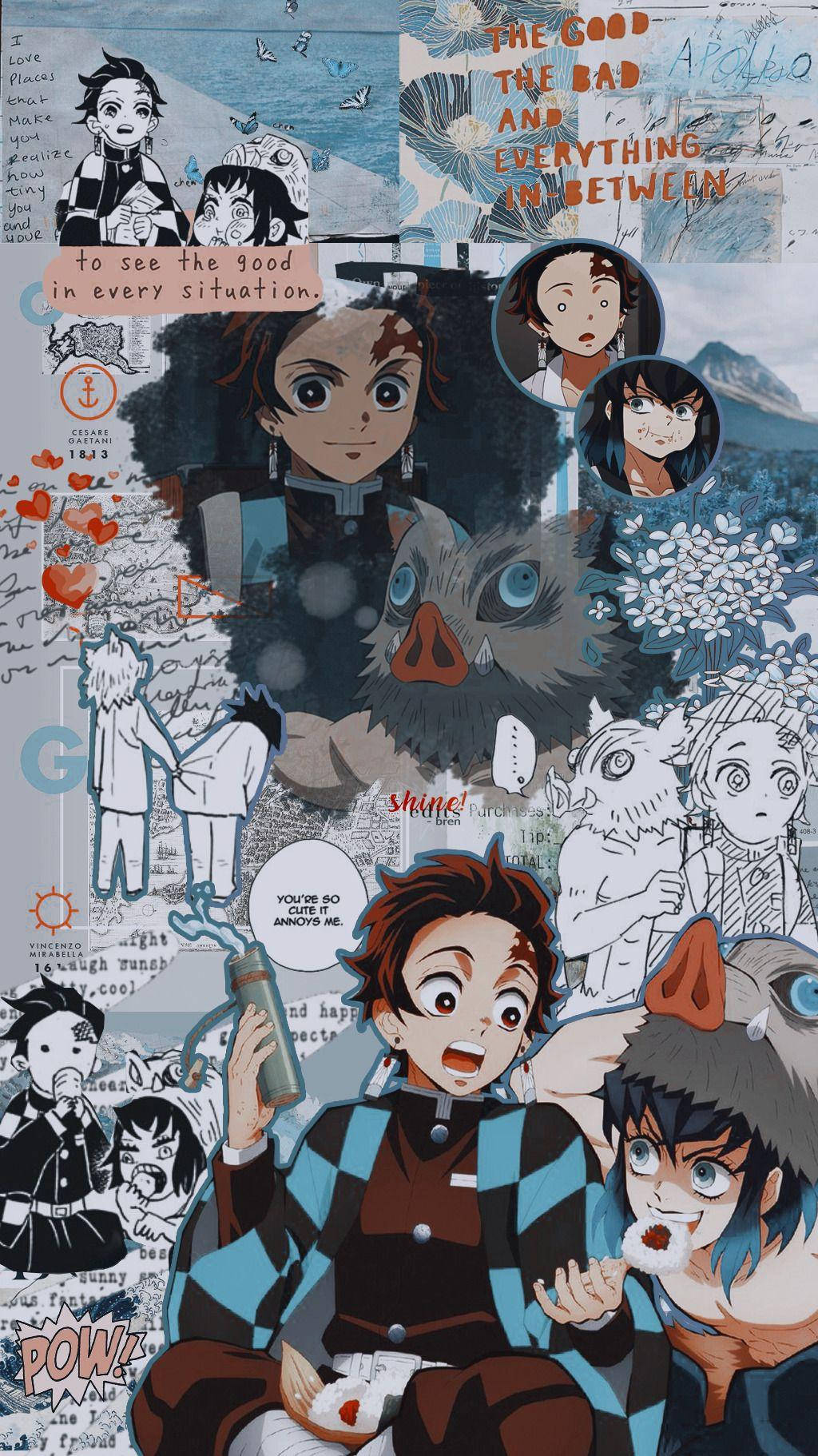 Demon Slayer Aesthetic 桌布 壁紙 — 一幅充滿活力的動漫拼貼畫，以《鬼滅之刃》中的炭治郎和禰豆子為特色，表情豐富，並有手寫語錄，背景為藍色紋理。