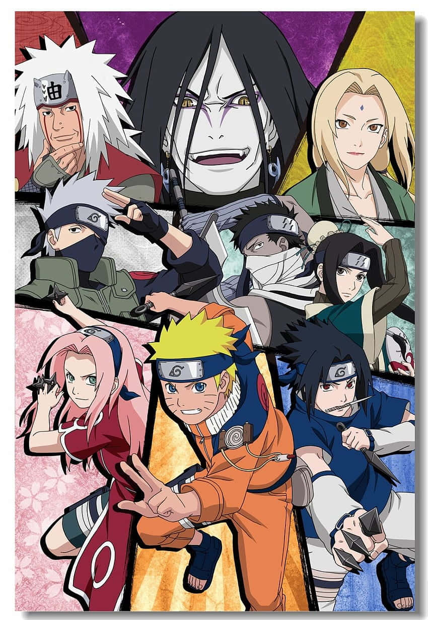 桌布 壁紙 — 一幅充滿活力的動漫拼貼畫，以Naruto中的關鍵角色在色彩繽紛的分段背景前擺出動感姿勢。