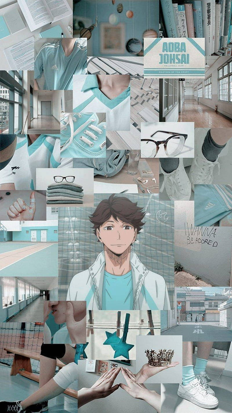 toru oikawa 桌布 壁紙 — 一幅充滿活力的動漫拼貼畫，以一位穿著青綠色和白色運動服的男性角色為中心，周圍環繞著書架、眼鏡、運動鞋和排球圖像。
