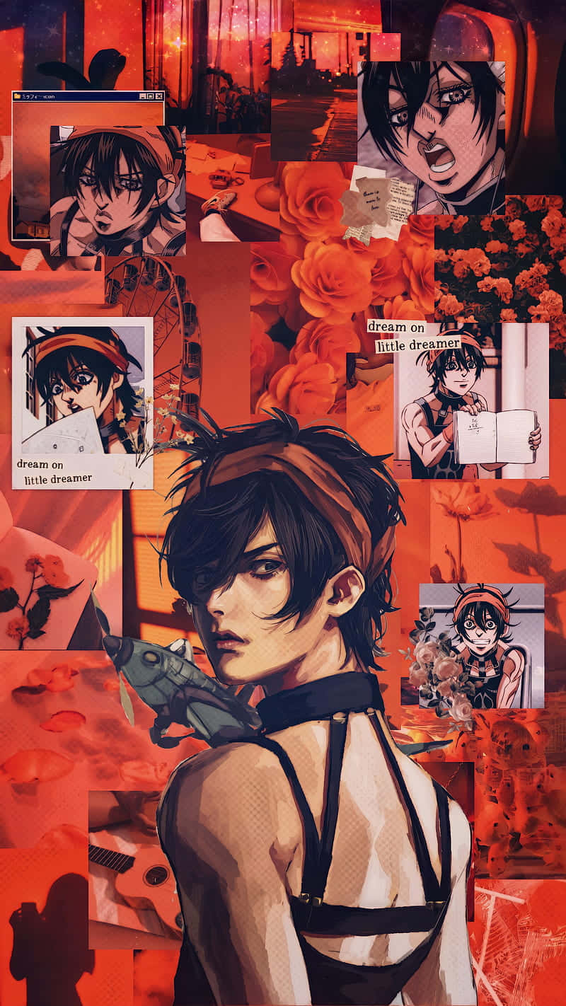Narancia Ghirga 桌布 壁紙 — 一幅充滿活力的動漫拼貼畫，以一個深色頭髮、肩上有一條魚的角色為中心，周圍環繞著玫瑰和漫畫面板，色調火紅。
