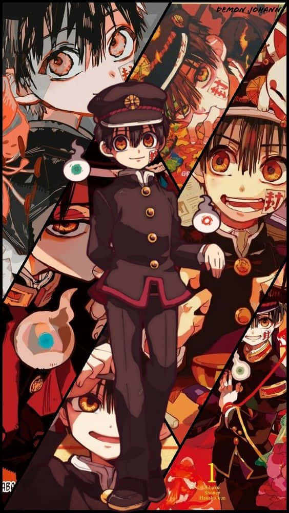 Hanako Kun 桌布 壁紙 — 一幅充滿活力的動漫拼貼畫，以一個穿著深色制服的中心角色為特色，周圍環繞著其他表情豐富、眼睛發光並帶有傳統日本圖案的角色的動態對角線面板。