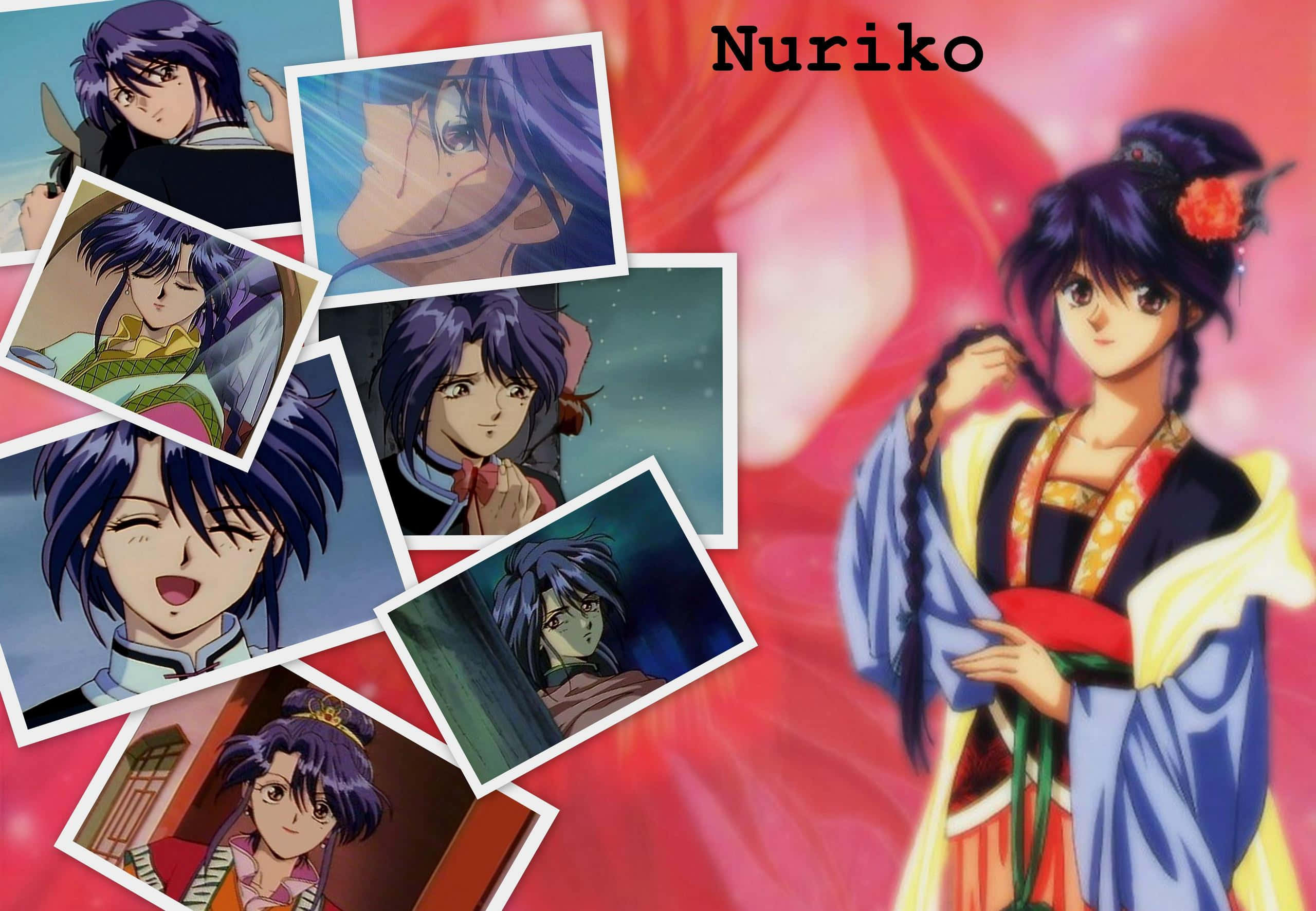 Fushigi Yuugi 桌布 壁紙 — 一幅充滿活力的動漫拼貼畫，以多個角色 Nuriko 的表情肖像為特色，背景為發光的紅色。