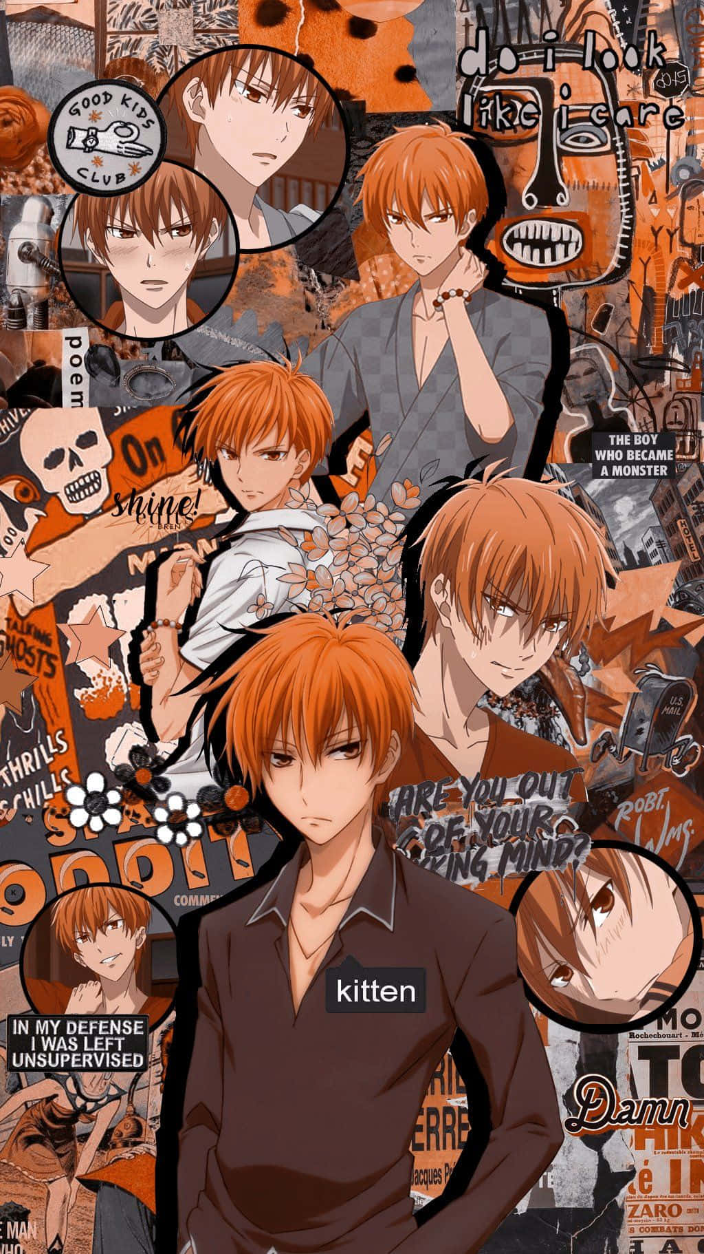 Kyo Sohma 桌布 壁紙 — 一幅充滿活力的動漫拼貼畫，以多個橙色頭髮的男性角色、粗體文字和暖色調的骷髏圖案為特色。