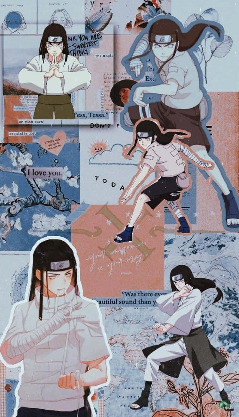 Neji Hyuga 桌布 壁紙 — 一幅充滿活力的動漫拼貼畫，以多個角色在動態姿勢中，背景為層疊的手寫語錄和花卉圖案。