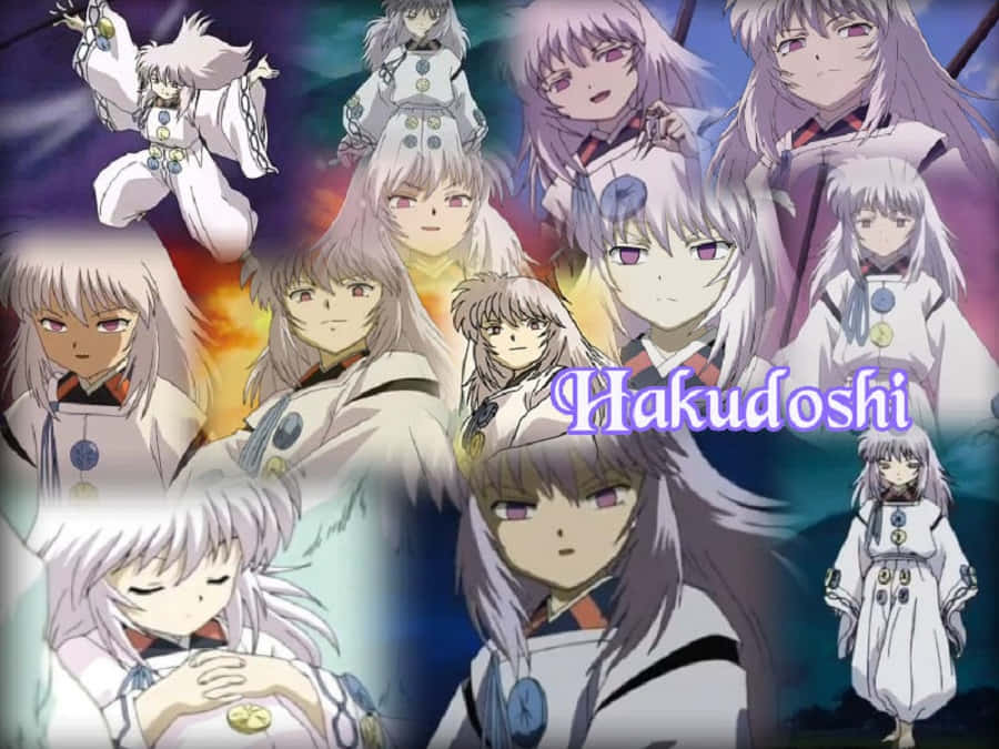 Hakudoshi 桌布 壁紙 — 一幅充滿活力的動漫拼貼畫，以多彩的宇宙背景為襯托，展示了多個身穿白袍的角色「白童子」。
