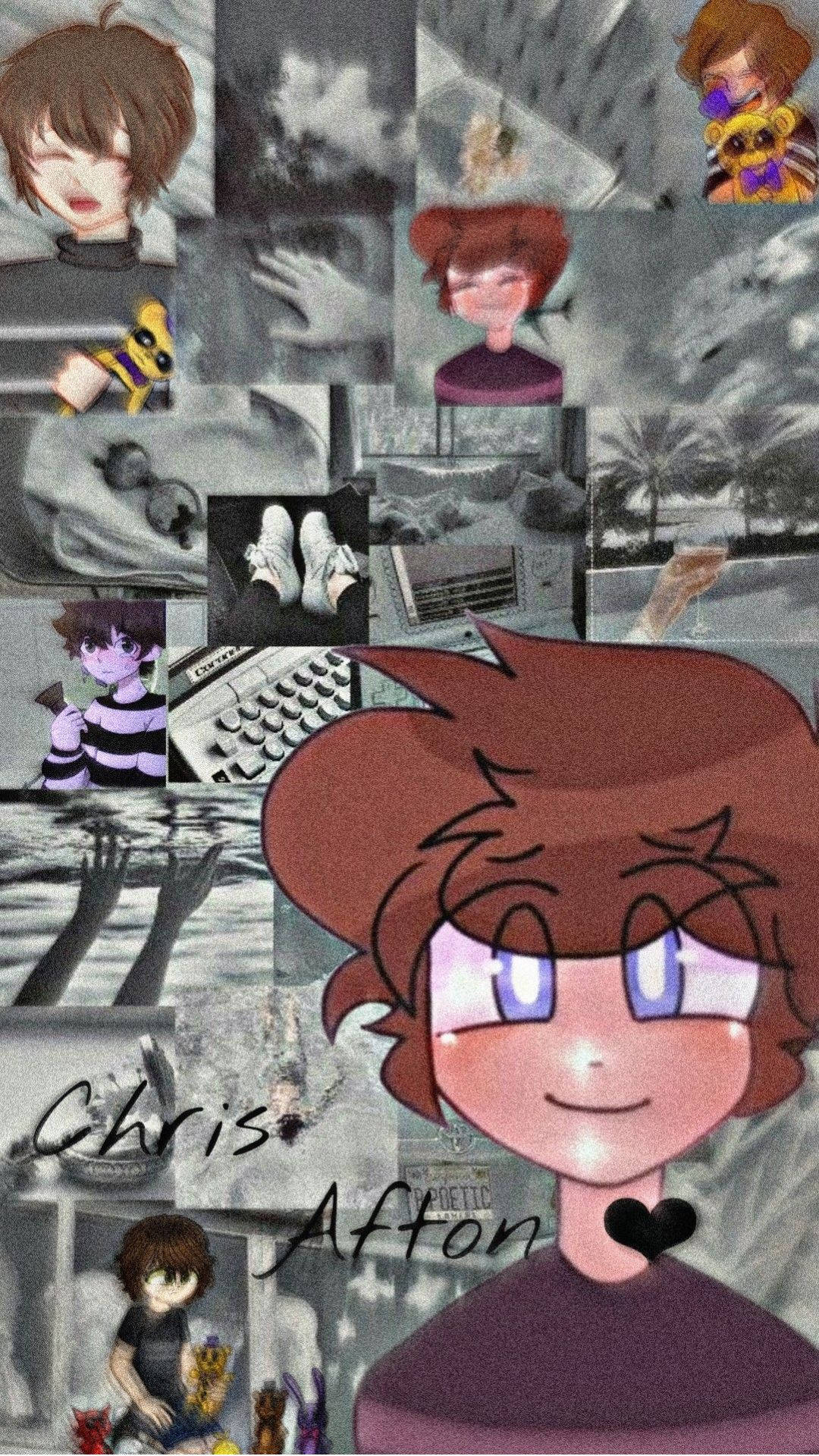 Chris Afton 桌布 壁紙 — 一幅充滿活力的動漫拼貼畫，以微笑的棕髮紫眼角色為中心，周圍環繞著單色場景和流行文化參考。