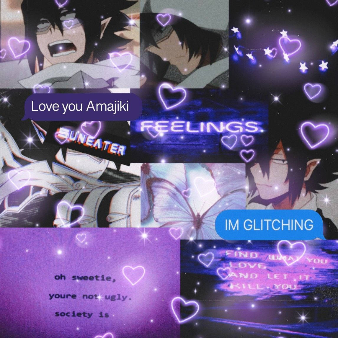 Tamaki Amajiki 桌布 壁紙 — 一幅充滿活力的動漫拼貼畫，以深色頭髮的角色為特色，周圍環繞著發光的紫色心形和文字疊加在星空背景上。