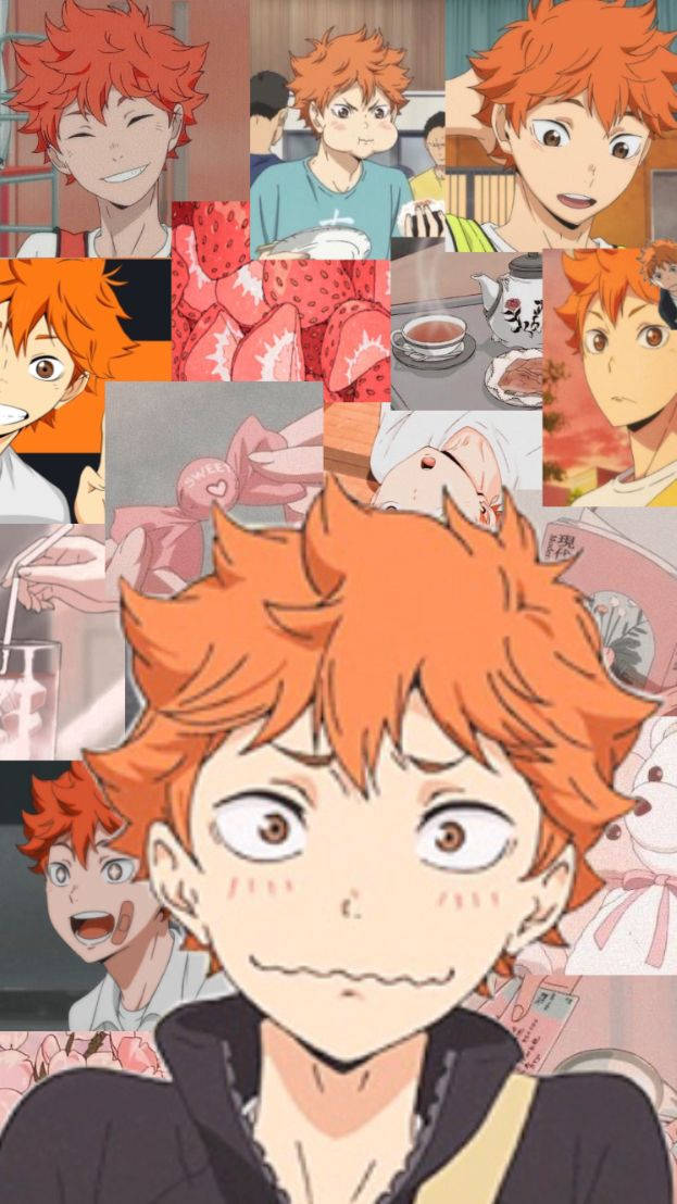Shoyo Hinata 桌布 壁紙 — 一幅充滿活力的動漫拼貼畫，以紅髮角色為中心，眼神富有表現力，周圍環繞著茶、草莓和嬉戲時刻的場景。