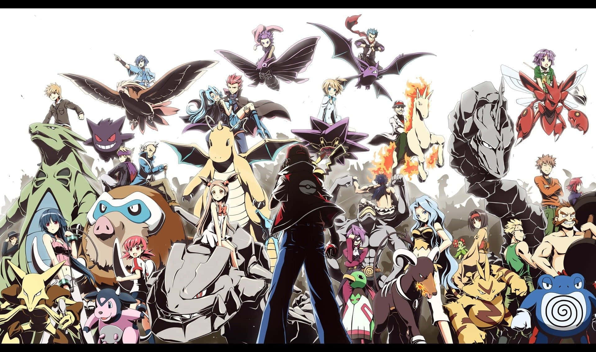Pokemon Movies 桌布 壁紙 — 一幅充滿活力的動漫拼貼畫，以純白色背景襯托出眾多寶可夢和訓練家的動感姿態。