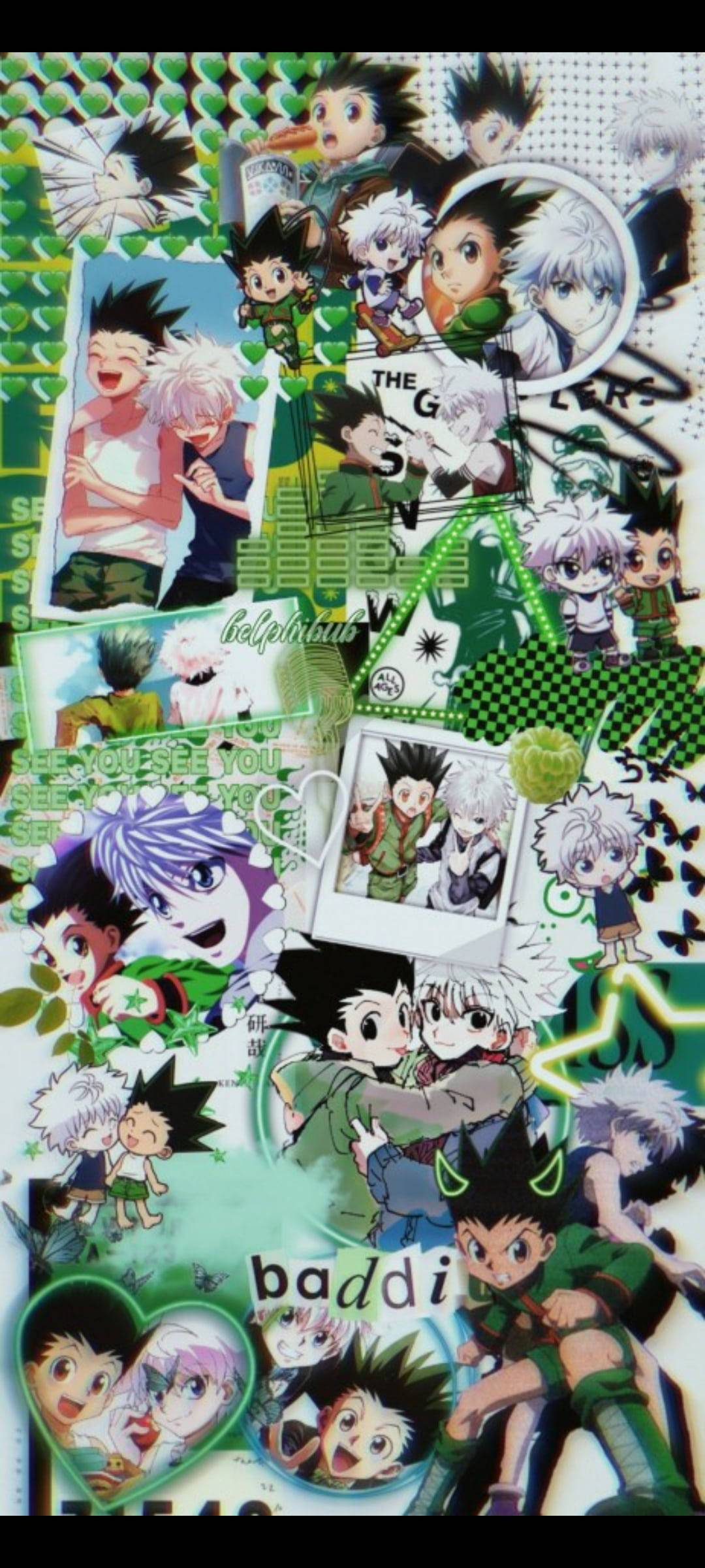 Gon And Killua 桌布 壁紙 — 一幅充滿活力的動漫拼貼畫，以綠色圖案背景為襯托，展示《Hunter x Hunter》中多個角色以不同姿勢和表情呈現。