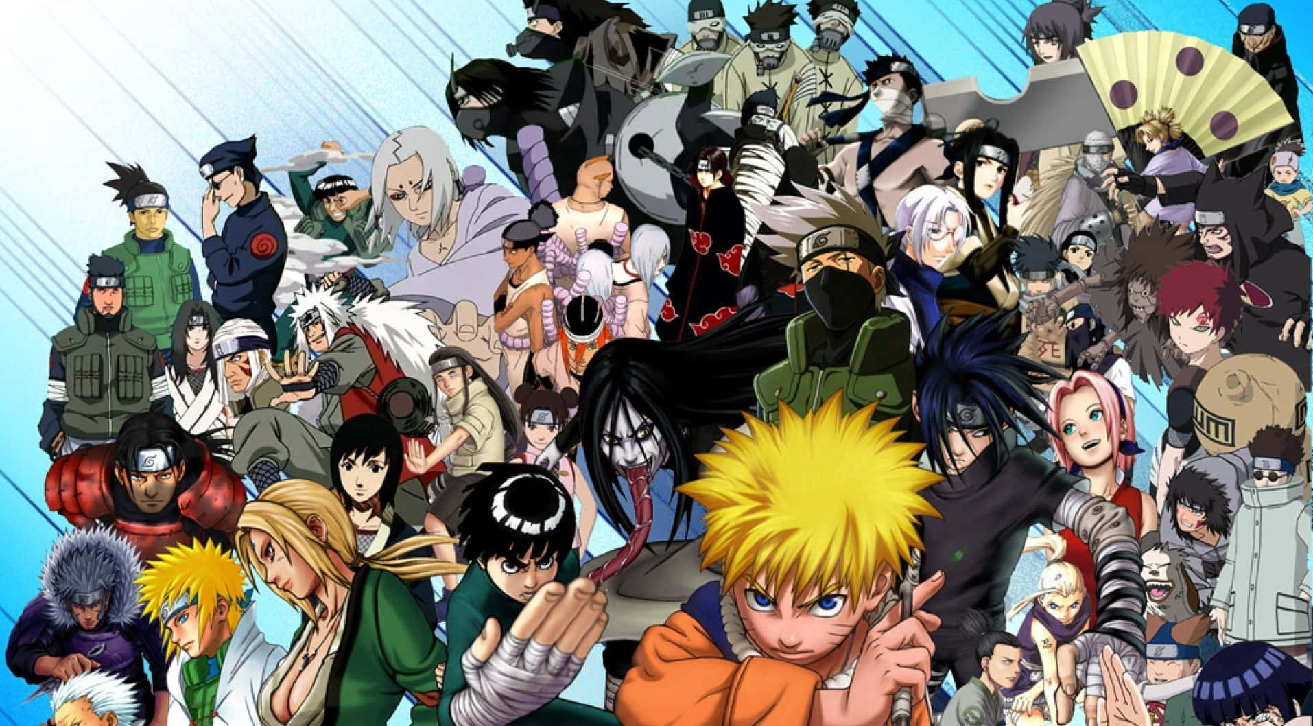 Anime All Characters HD 桌布 壁紙 — 一幅充滿活力的動漫拼貼畫，以藍色漸變背景為襯托，展示數十個火影忍者角色以動態姿勢呈現。