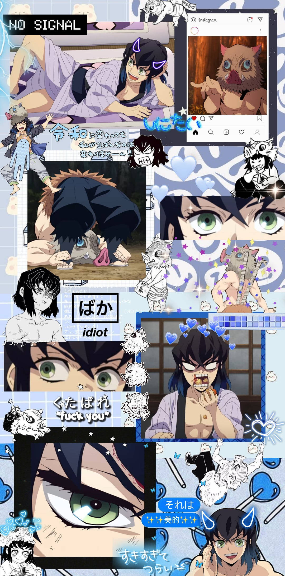Demon Slayer Aesthetic 桌布 壁紙 — 一幅充滿活力的動漫拼貼畫，以藍色圖案背景為襯托，展現多個表情豐富的角色，線條大膽，姿勢動感。