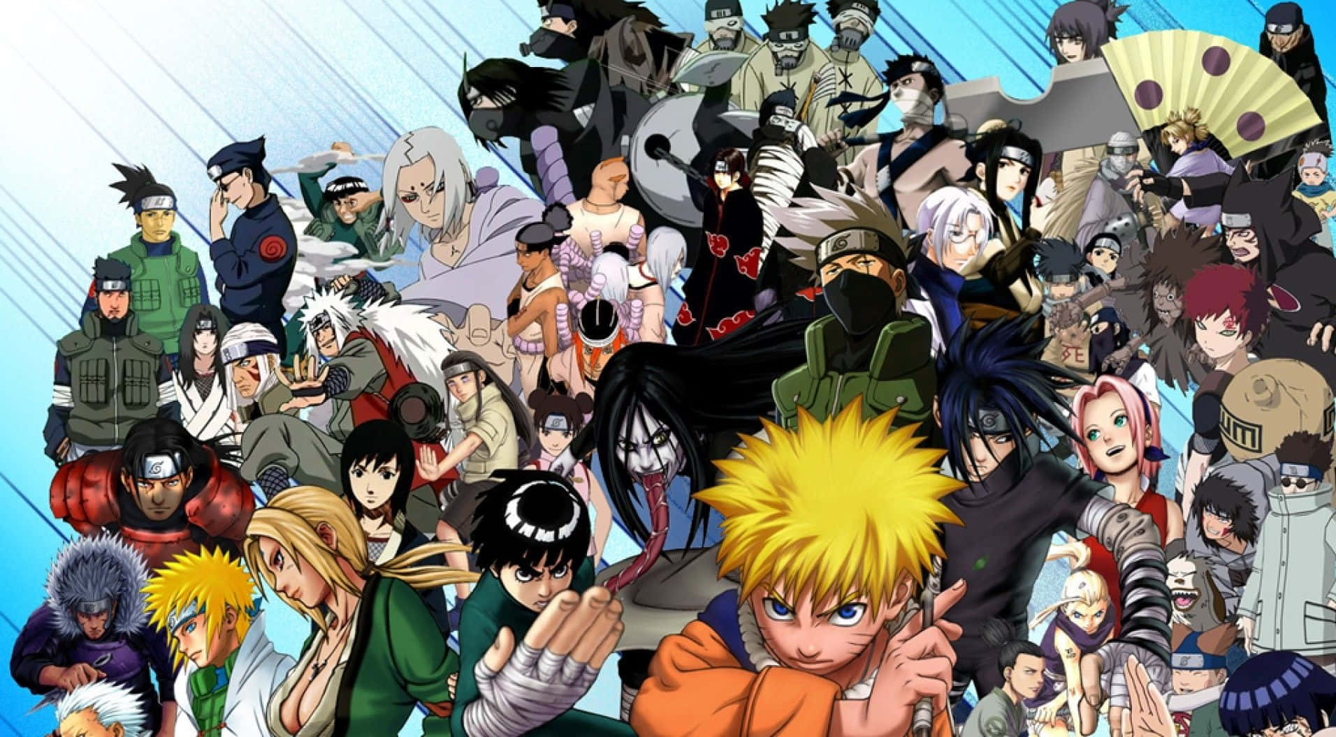 Anime Collage 桌布 壁紙 — 一幅充滿活力的動漫拼貼畫，以藍色漸變背景為襯托，展現數十個火影忍者角色擺出動感姿勢。