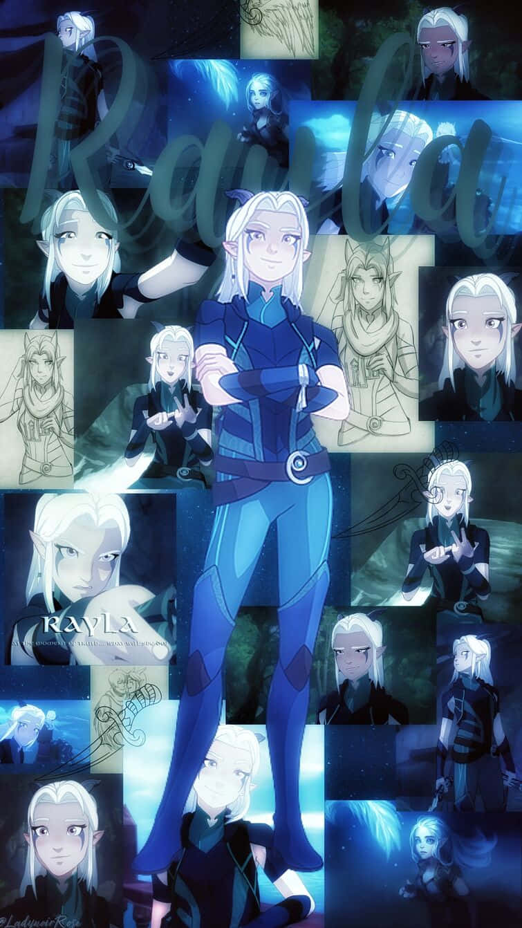 The Dragon Prince 桌布 壁紙 — 一幅充滿活力的動漫拼貼畫，以身穿藍色服裝的精靈角色雷拉為中心，周圍環繞著各種藍色調的素描和姿勢。
