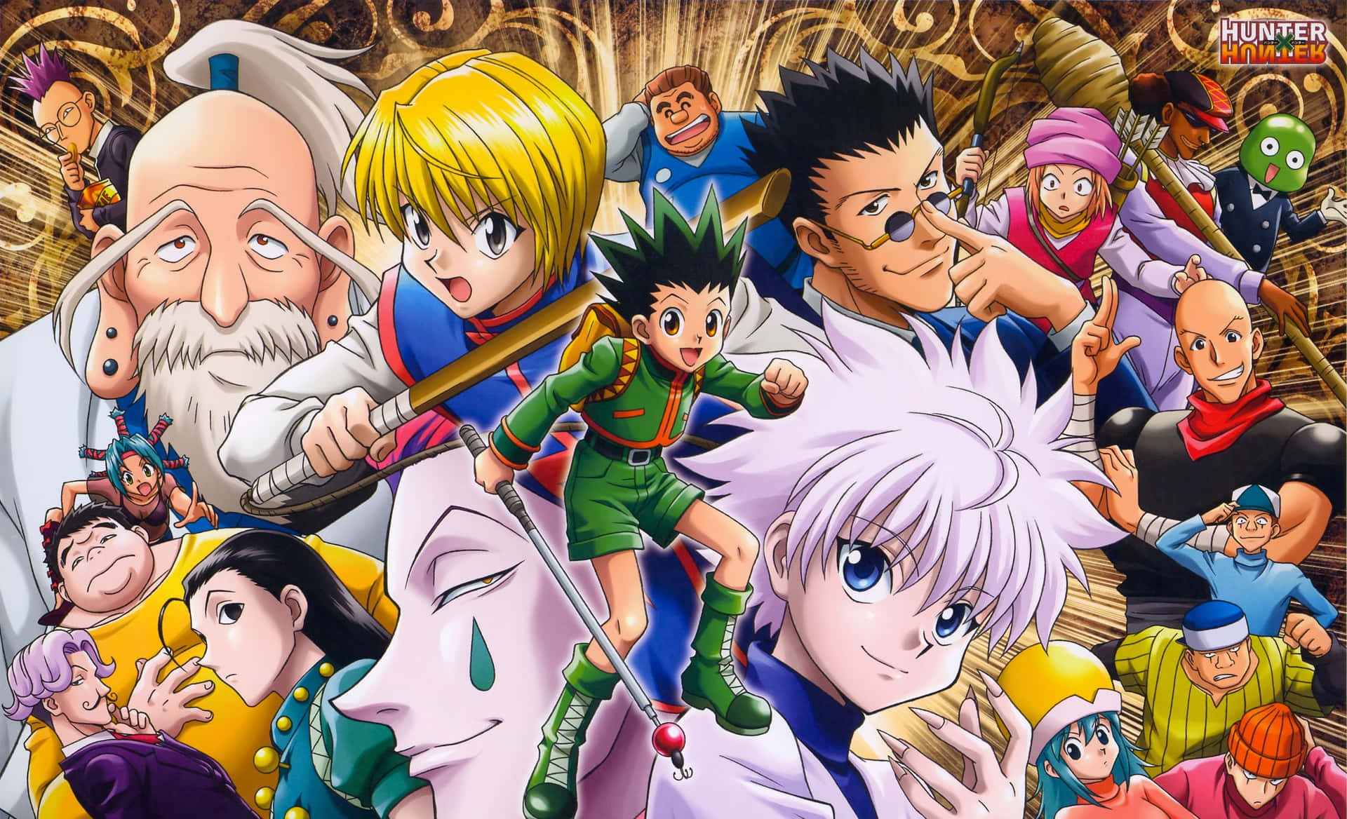 Hunter x Hunter 動漫角色在金色背景下的動感群像。 — 獵人 x 獵人 GIF 壁紙