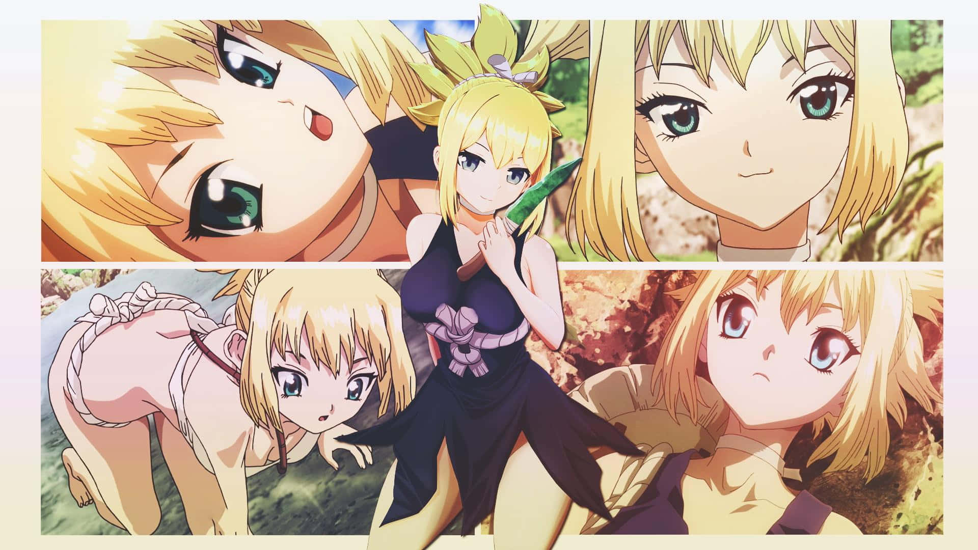 Dr Stone 桌布 壁紙 — 一幅充滿活力的動漫拼貼畫，以金髮少女在自然背景下展現多種表情姿勢和服裝。