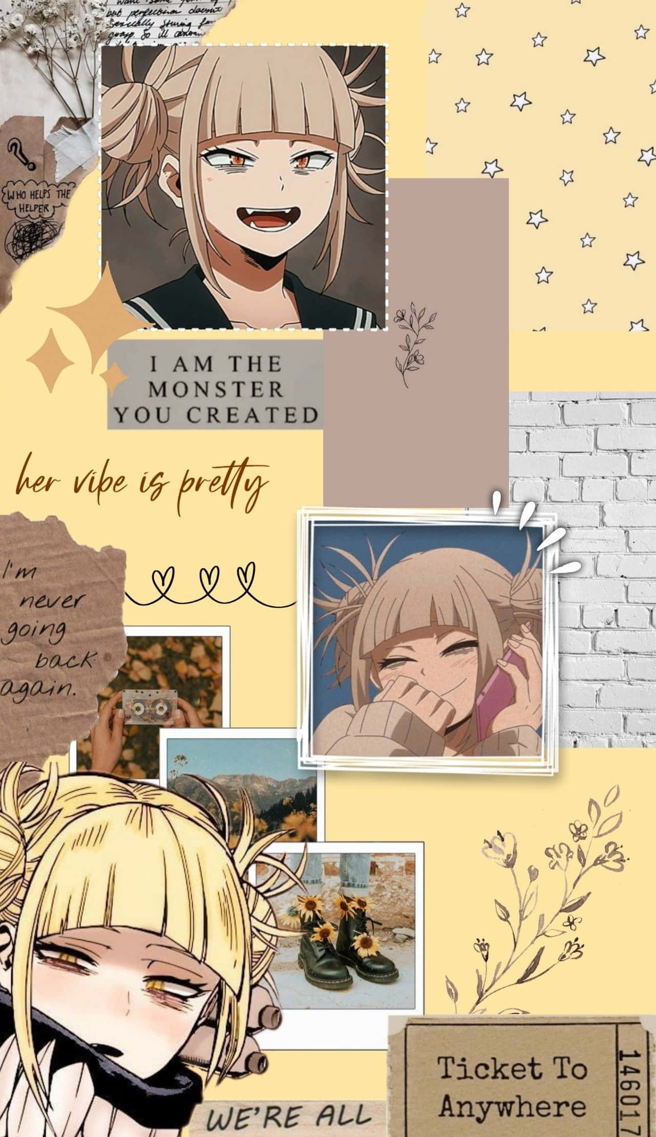 Himiko Toga Aesthetic 桌布 壁紙 — 一幅充滿活力的動漫拼貼畫，以金髮角色為特色，眼神富有表現力，周圍環繞著手寫語錄、星星圖案和花卉塗鴉，背景為溫暖的黃色。