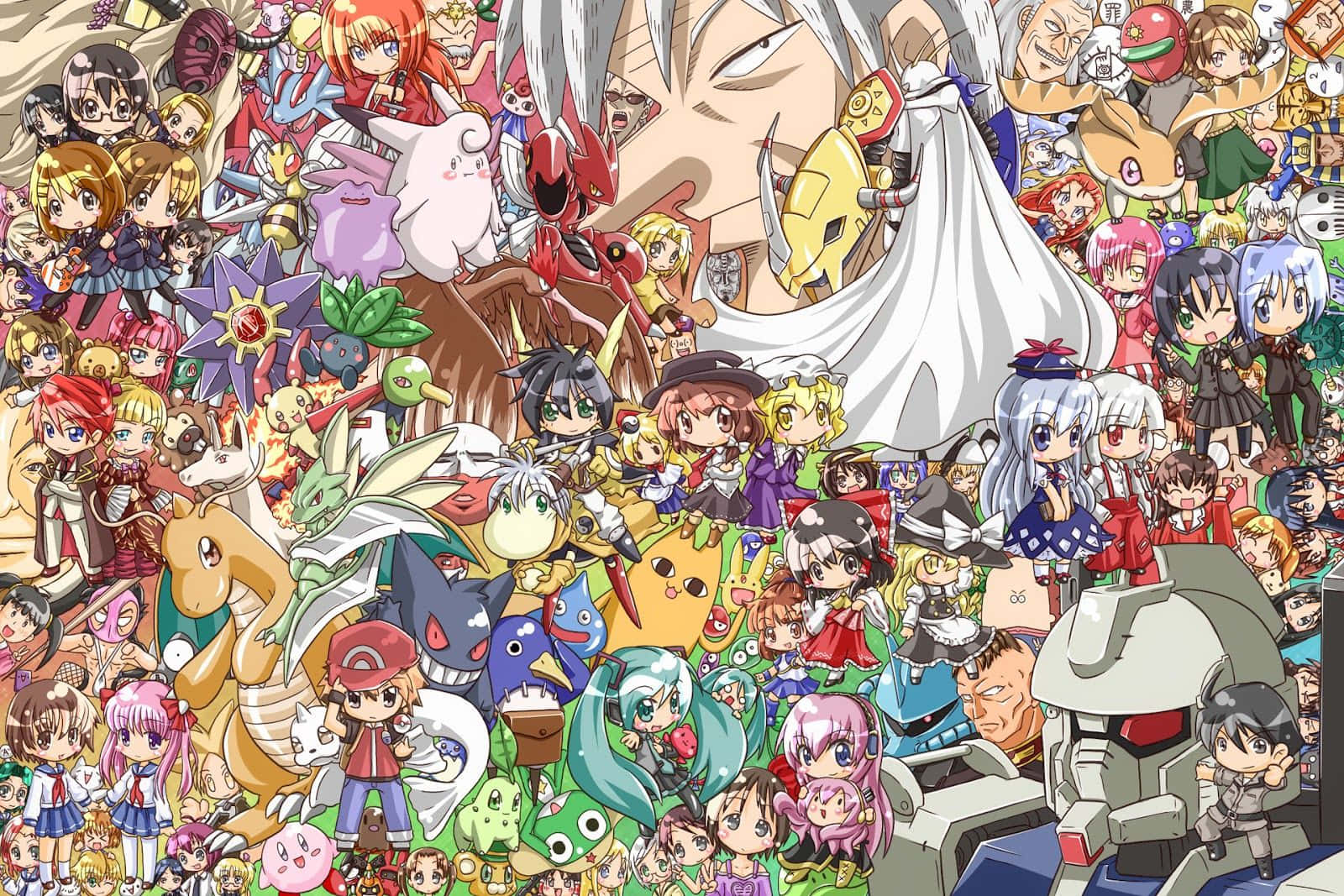 Manga Characters 桌布 壁紙 — 一幅充滿活力的動漫拼貼畫，充滿了來自不同系列數十個標誌性角色，密集重疊，形成一場混亂的流行文化慶典。
