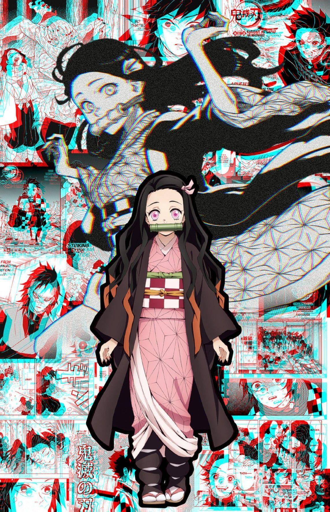 Demon Slayer Aesthetic 桌布 壁紙 — 一幅充滿活力的動漫拼貼畫，前景是竈門禰豆子，身後有故障漫畫面板和紅藍色調變化。