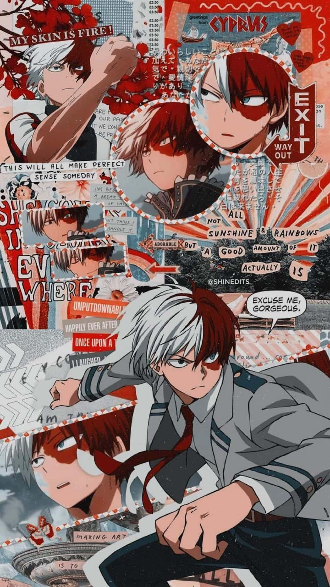 Epic Anime 桌布 壁紙 — 一幅充滿活力的動漫拼貼畫，包含多個紅白髮色的角色，周圍環繞著文字片段和漫畫風格的對話氣泡。