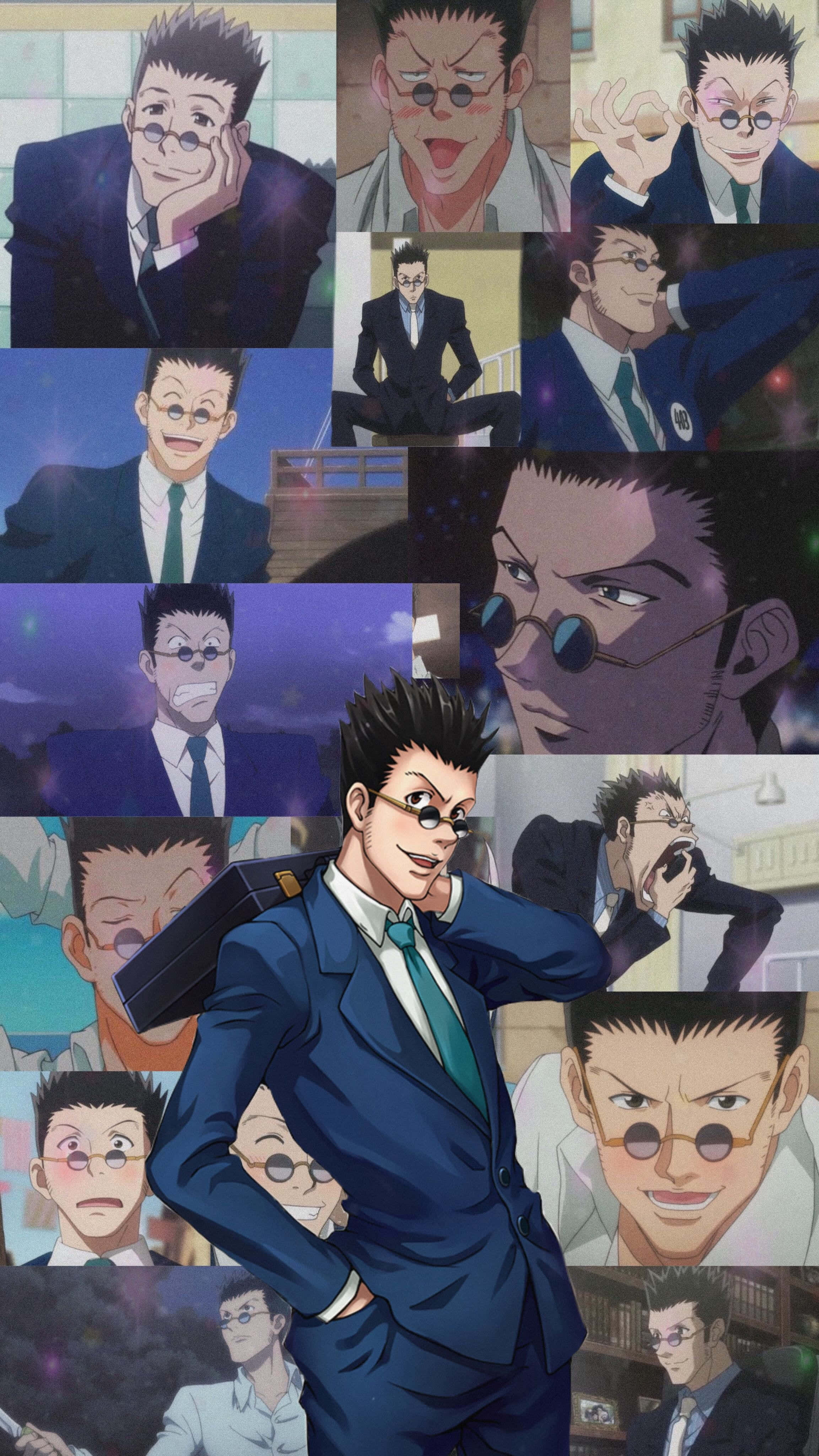Leorio Paradinight 桌布 壁紙 — 一幅充滿活力的動漫拼貼畫，包含多個表情豐富的特寫和全身照，主角是一名身穿藍色西裝、戴圓框眼鏡的男子。