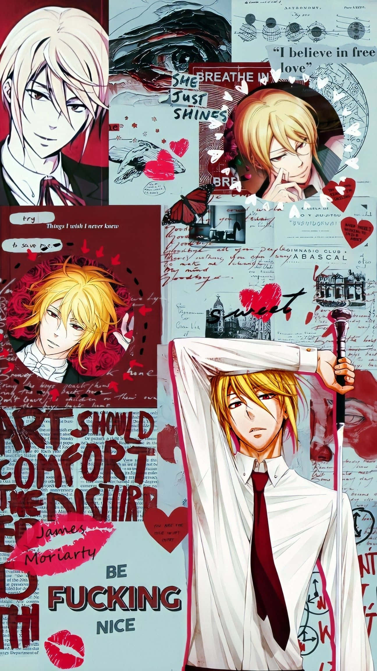 Moriarty The Patriot 桌布 壁紙 — 一幅充滿活力的動漫拼貼畫，包含多個角色、紅色心形、文字引言和手寫筆記，背景分層。