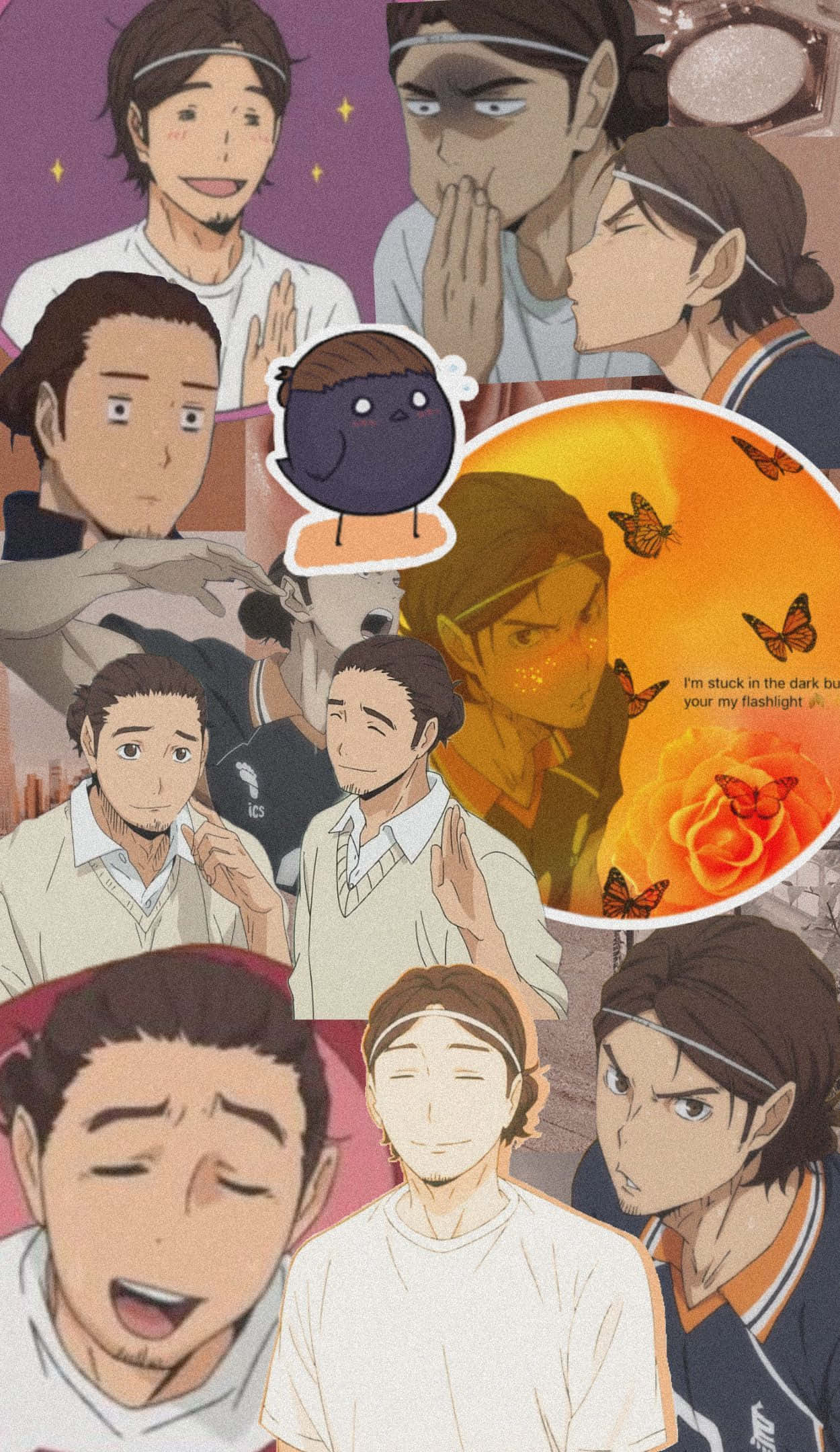 Asahi Azumane 桌布 壁紙 — 一幅充滿活力的動漫拼貼畫，包含多個表情豐富的男性角色，以及一個發光的橙色圓形插圖，內有蝴蝶和玫瑰。