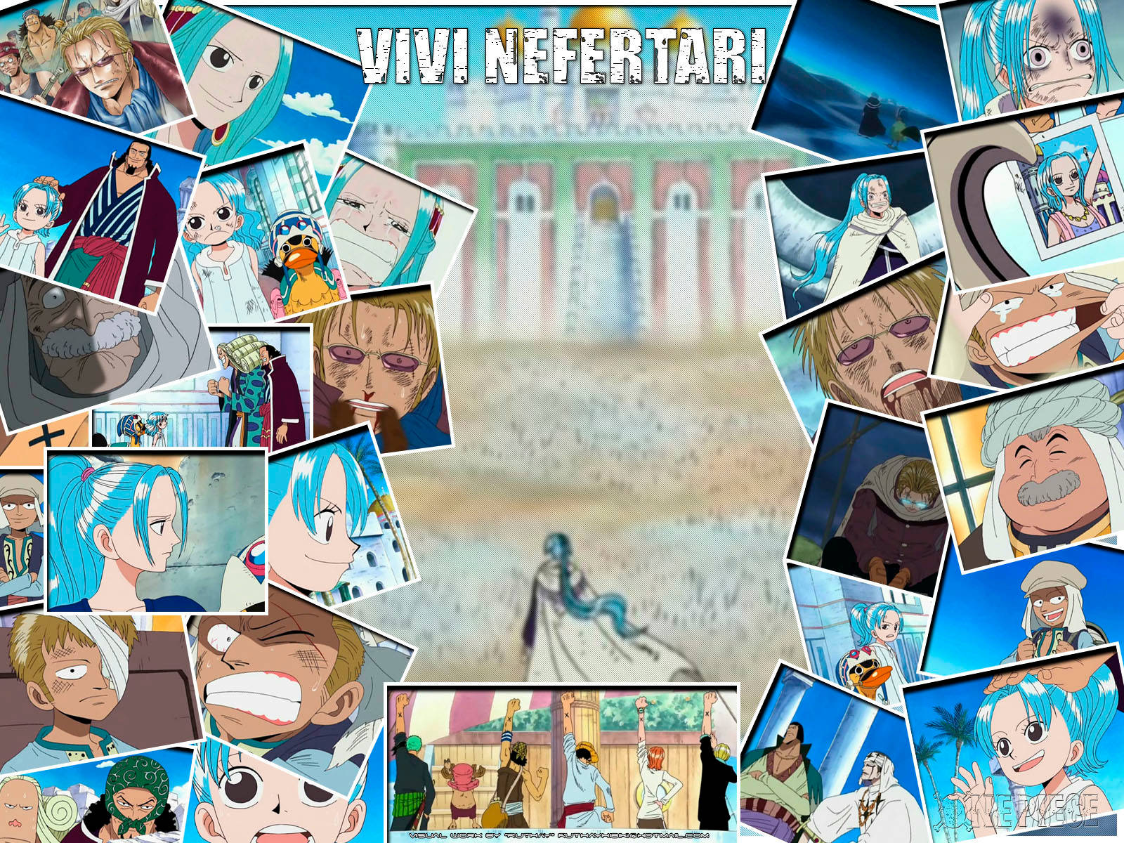 動漫 桌布 壁紙 — 一幅充滿活力的動漫拼貼畫，展示《One Piece》中Vivi Nefertari的場景，背景為模糊的城堡。