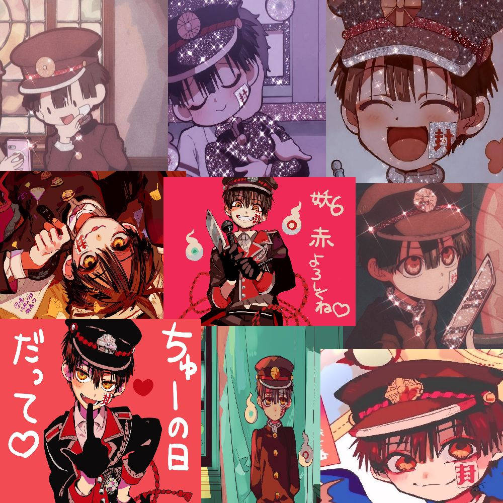 hanako 桌布 壁紙 — 一幅充滿活力的動漫拼貼畫，展示一個穿著軍裝風格的角色，以多種富有表現力的姿勢和閃亮背景呈現。