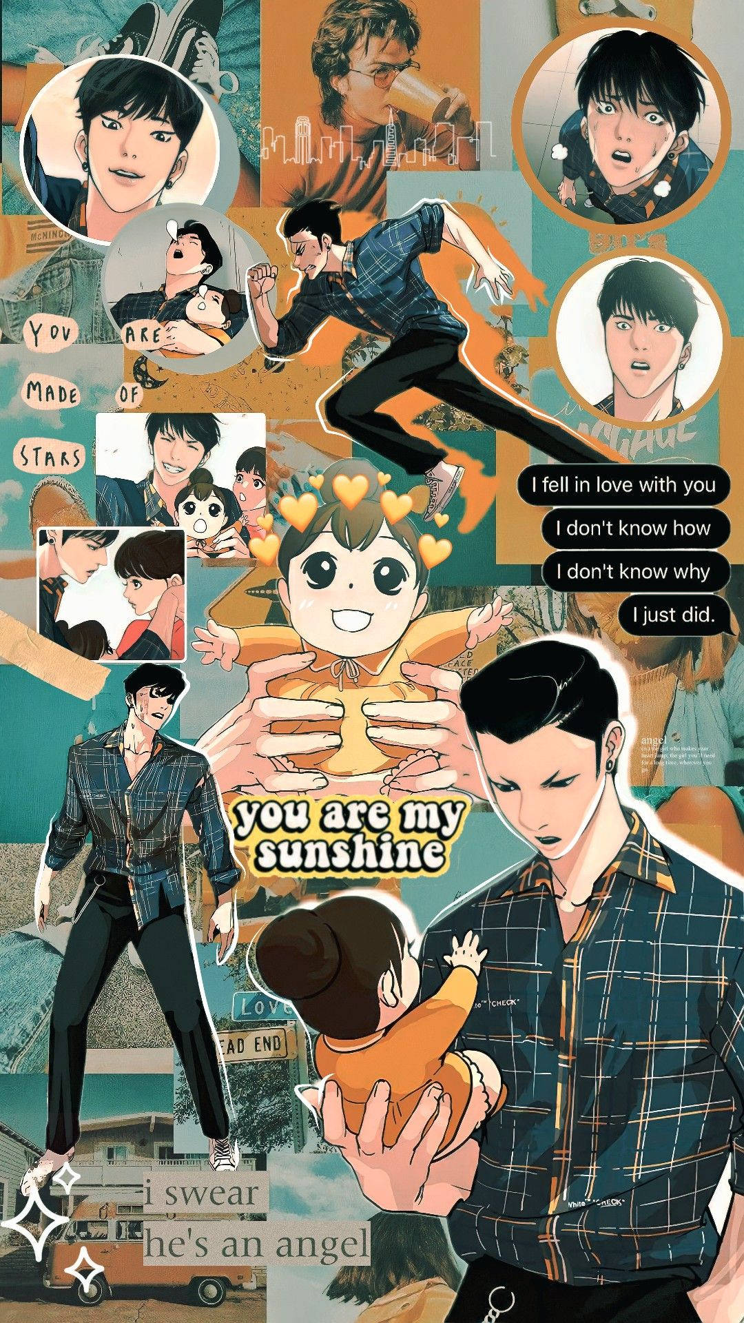 動漫男人穿著格紋襯衫抱著嬰兒，帶有心形和浪漫文字疊加。 — 看臉時代 GIF 壁紙