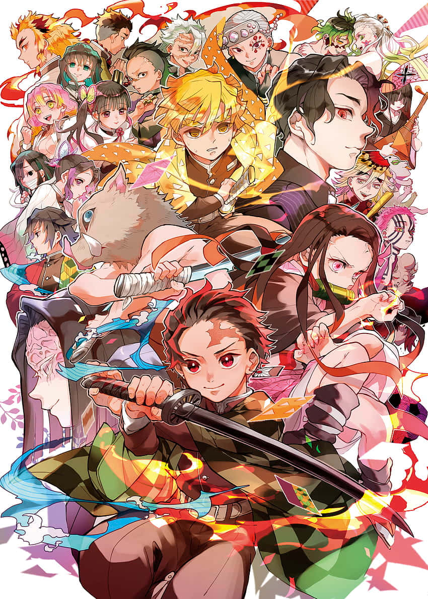 Demon Slayer Group 桌布 壁紙 — 一幅充滿活力的動漫拼貼畫，展示了《鬼滅之刃》中數十個角色，具有動態姿勢和多彩的能量效果。