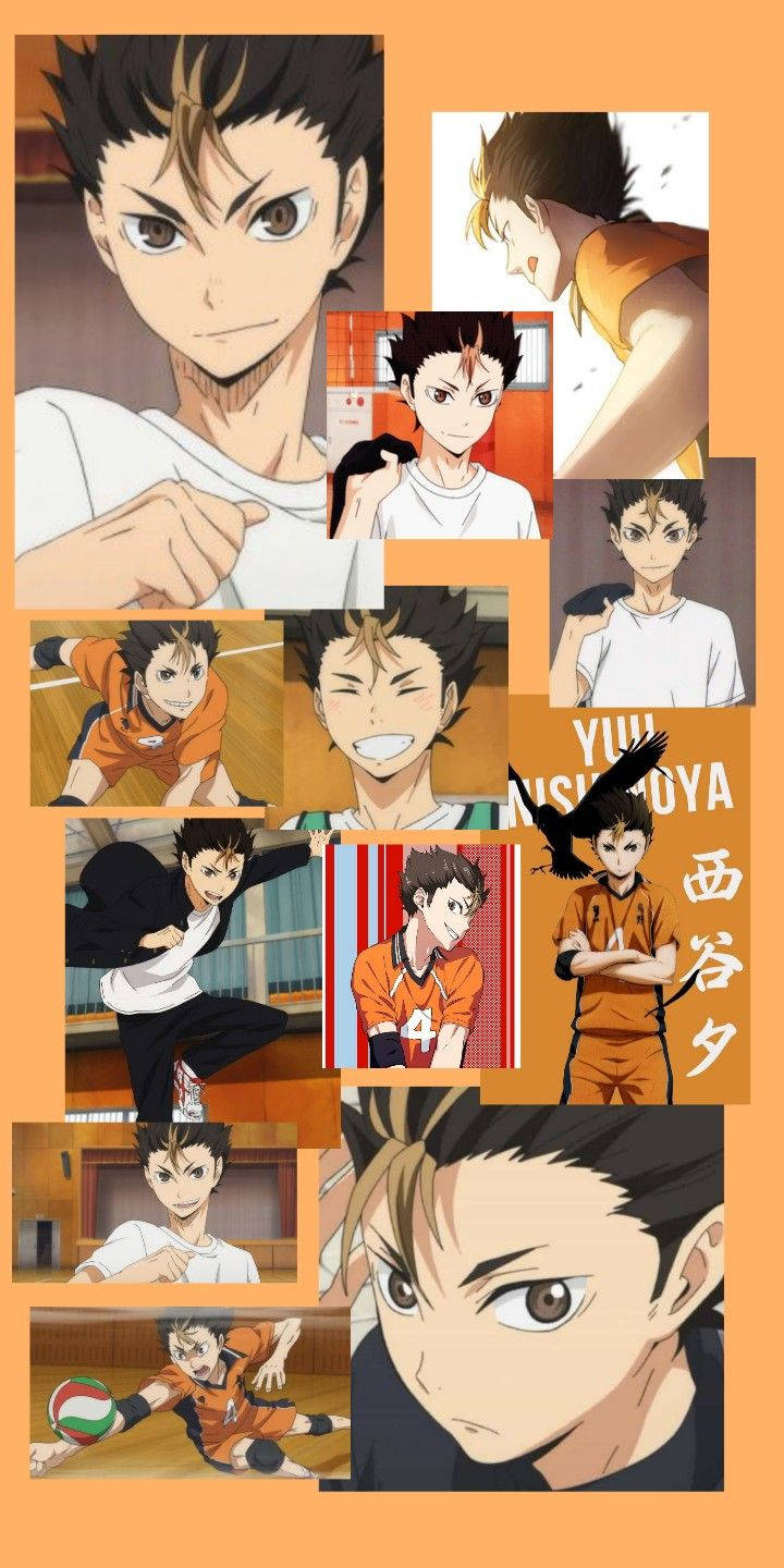 yu nishinoya 桌布 壁紙 — 一幅充滿活力的動漫拼貼畫，展示了一位身穿橙色和白色制服、意志堅定的男性排球運動員的多個動態姿勢。
