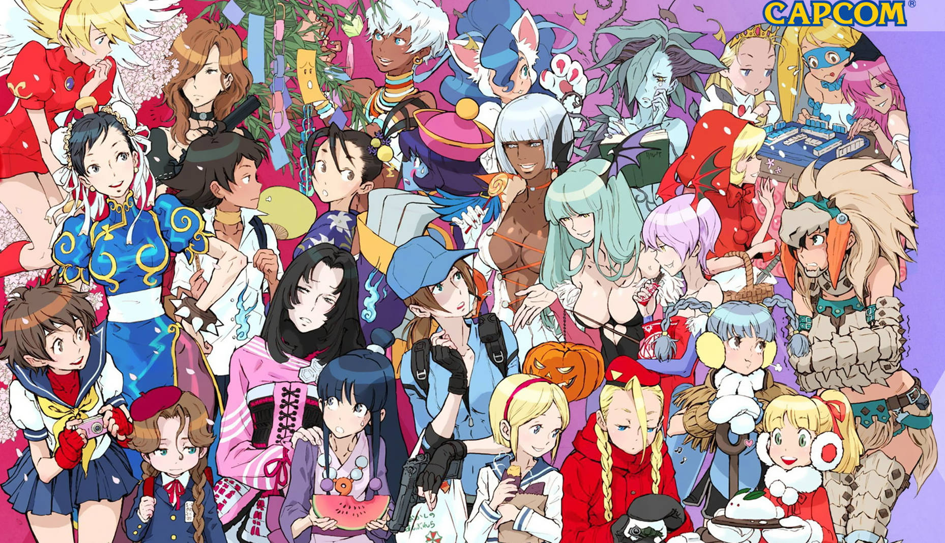 Capcom 桌布 壁紙 — 一幅充滿活力的動漫拼貼畫，展示了數十個 Capcom 遊戲角色穿著色彩繽紛的節日服裝一起擺姿勢。