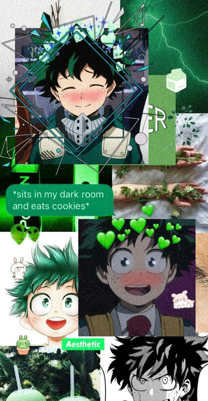 Aesthetic Deku 桌布 壁紙 — 一幅充滿活力的動漫拼貼畫，展示了一個綠髮角色被幾何形狀和自然圖案包圍的多種表情。