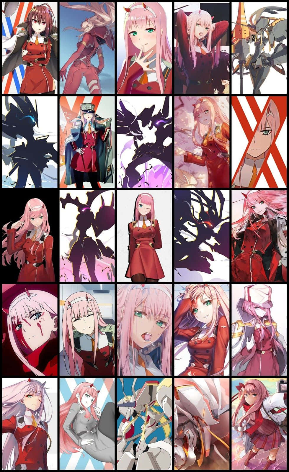 Darling In The Franxx Phone 桌布 壁紙 — 一幅充滿活力的動漫拼貼畫，展示多個穿著紅色服裝的角色，具有動態姿勢和戲劇性燈光。