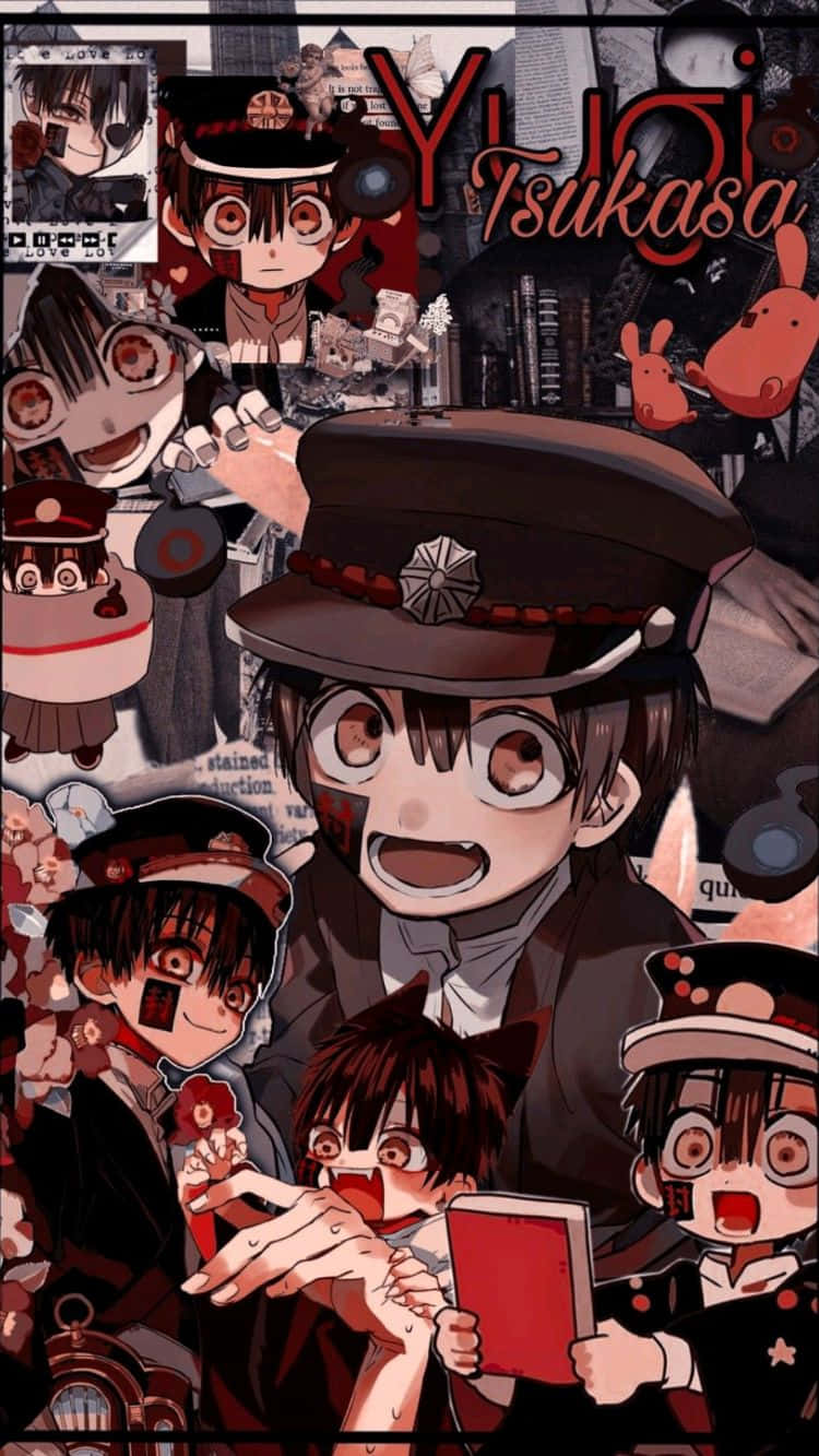 Hanako Kun 桌布 壁紙 — 一幅充滿活力的動漫拼貼畫，展示多個身穿帶有紅色點綴的警察制服、表情歡樂的角色。