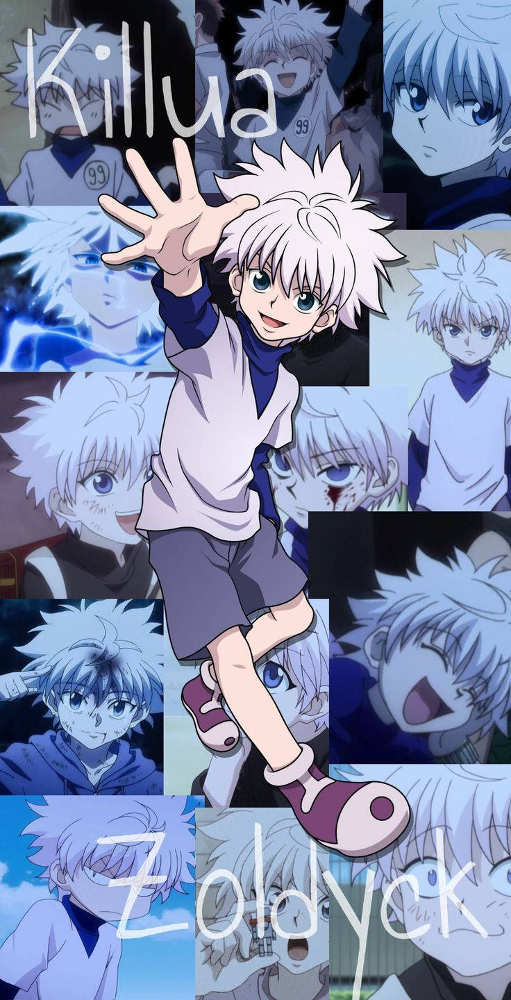 Cool Killua 桌布 壁紙 — 一幅充滿活力的動漫拼貼畫，展示奇犽·揍敵客以白髮藍眼的各種表情姿勢。