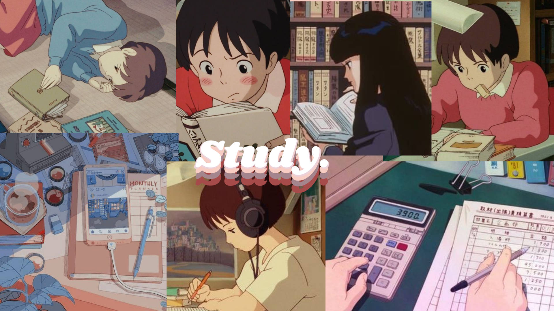 Study Aesthetic 桌布 壁紙 — 一幅充滿活力的動漫拼貼畫，展示學生在圖書館和書桌前用書籍、計算機和電話學習。