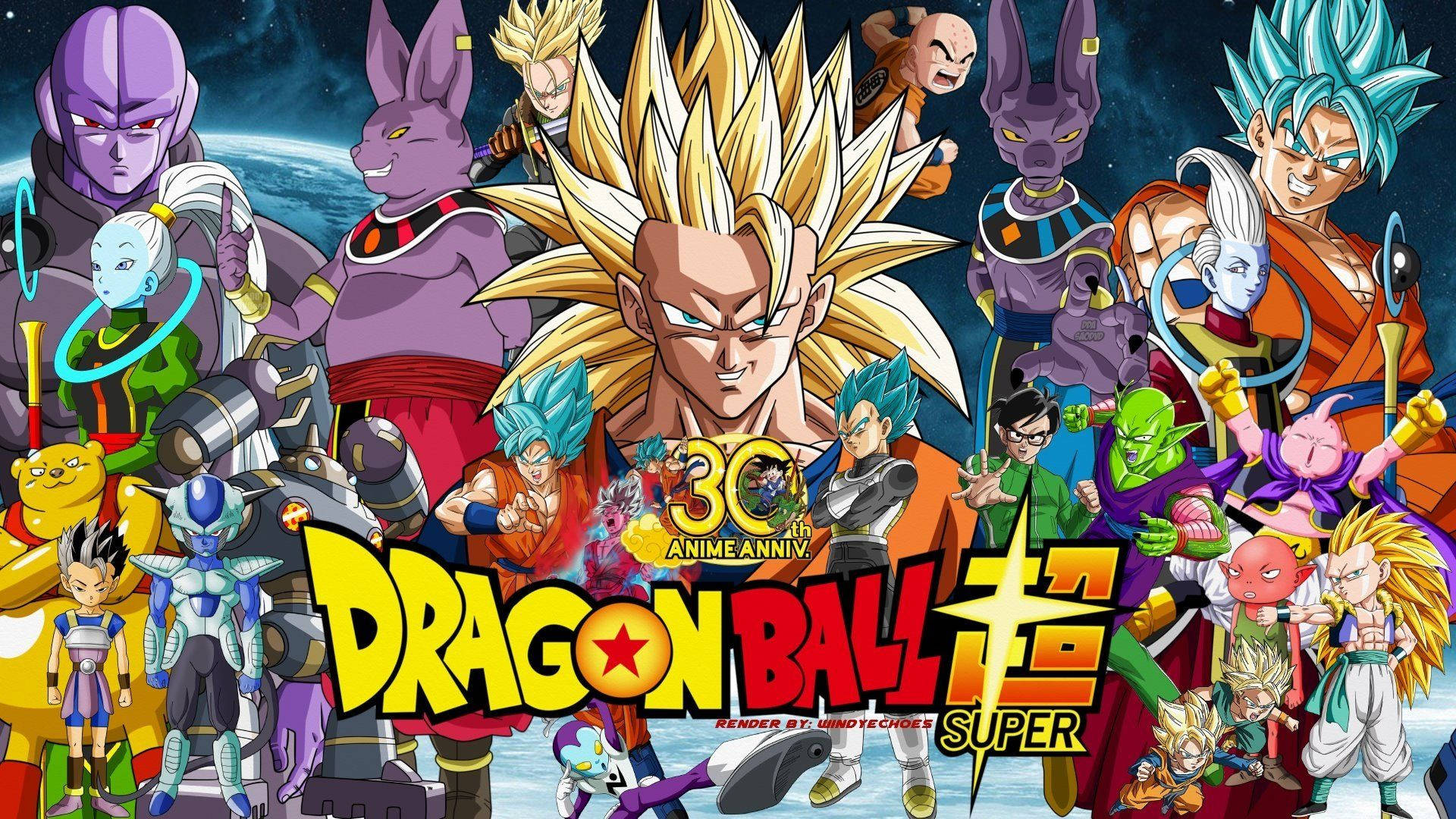 Goten 桌布 壁紙 — 一幅充滿活力的動漫拼貼畫，慶祝七龍珠超30週年，以標誌性角色在宇宙背景下擺出動感姿勢。
