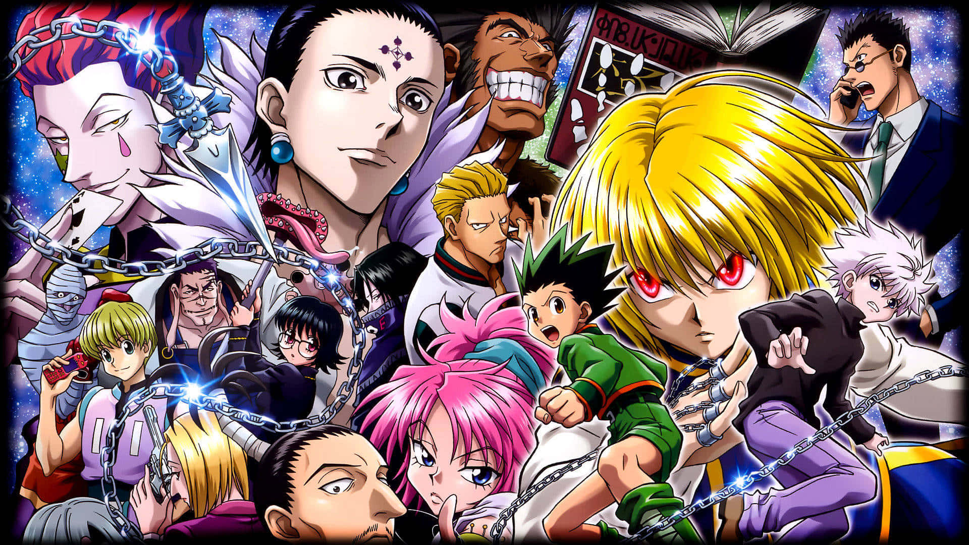 動漫角色 桌布 壁紙 — 一幅充滿活力的動漫拼貼畫，描繪《Hunter x Hunter》角色，帶有鎖鏈和宇宙背景。