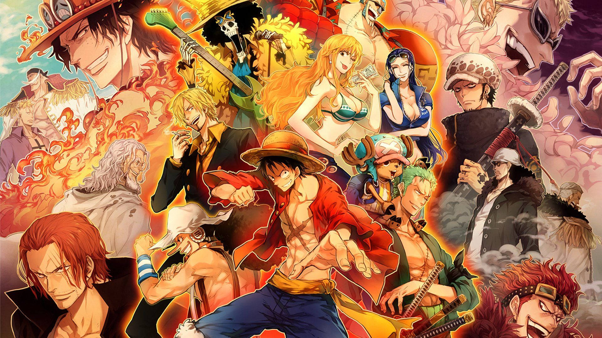 海賊王 4K 桌布 壁紙 — 一幅充滿活力的動漫拼貼畫，描繪《One Piece》船員們在火熱多彩背景前擺出動感姿勢。