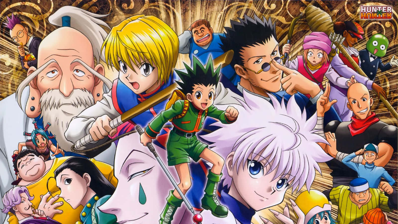 Shonen Anime 桌布 壁紙 — 一幅充滿活力的動漫拼貼畫，描繪《Hunter x Hunter》角色在金色華麗背景前擺出動感姿勢。