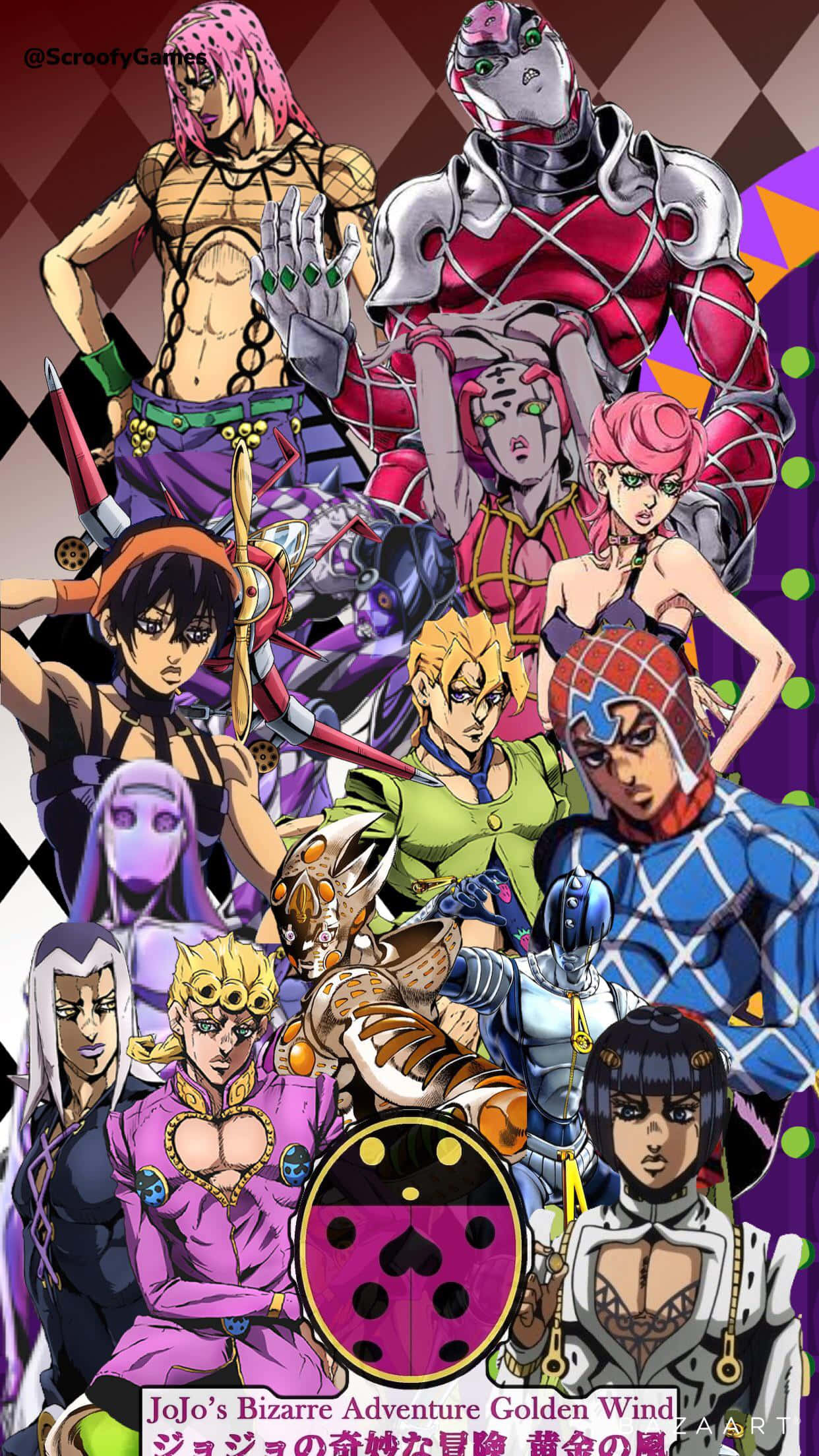 Jojo's Bizarre Adventure 桌布 壁紙 — 一幅充滿活力的動漫拼貼畫，描繪JoJo的奇妙冒險黃金之風角色在幾何背景前擺出動態姿勢。