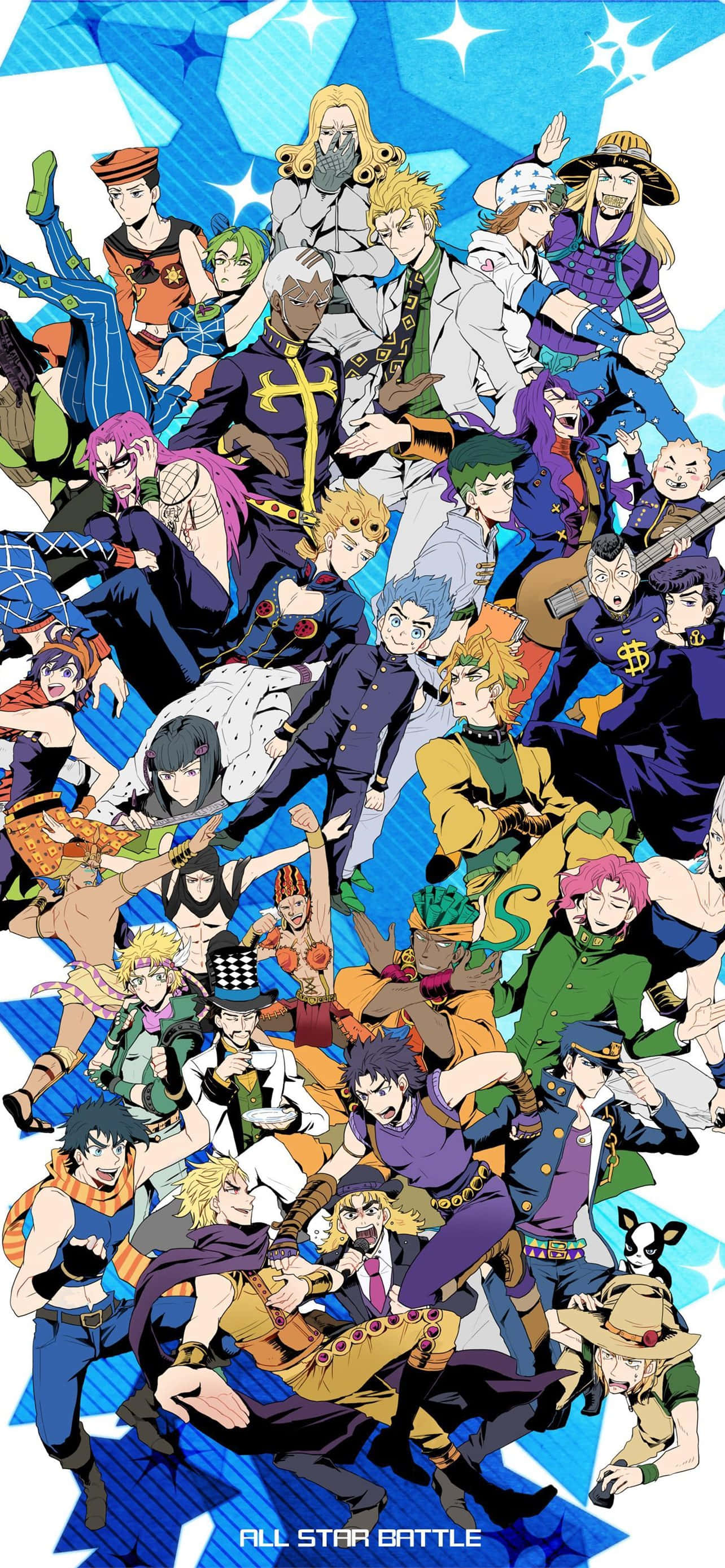 Jojo's Bizarre Adventure 桌布 壁紙 — 一幅充滿活力的動漫拼貼畫，描繪JoJo的奇妙冒險角色在閃爍的藍色星空背景下動態擺姿勢。