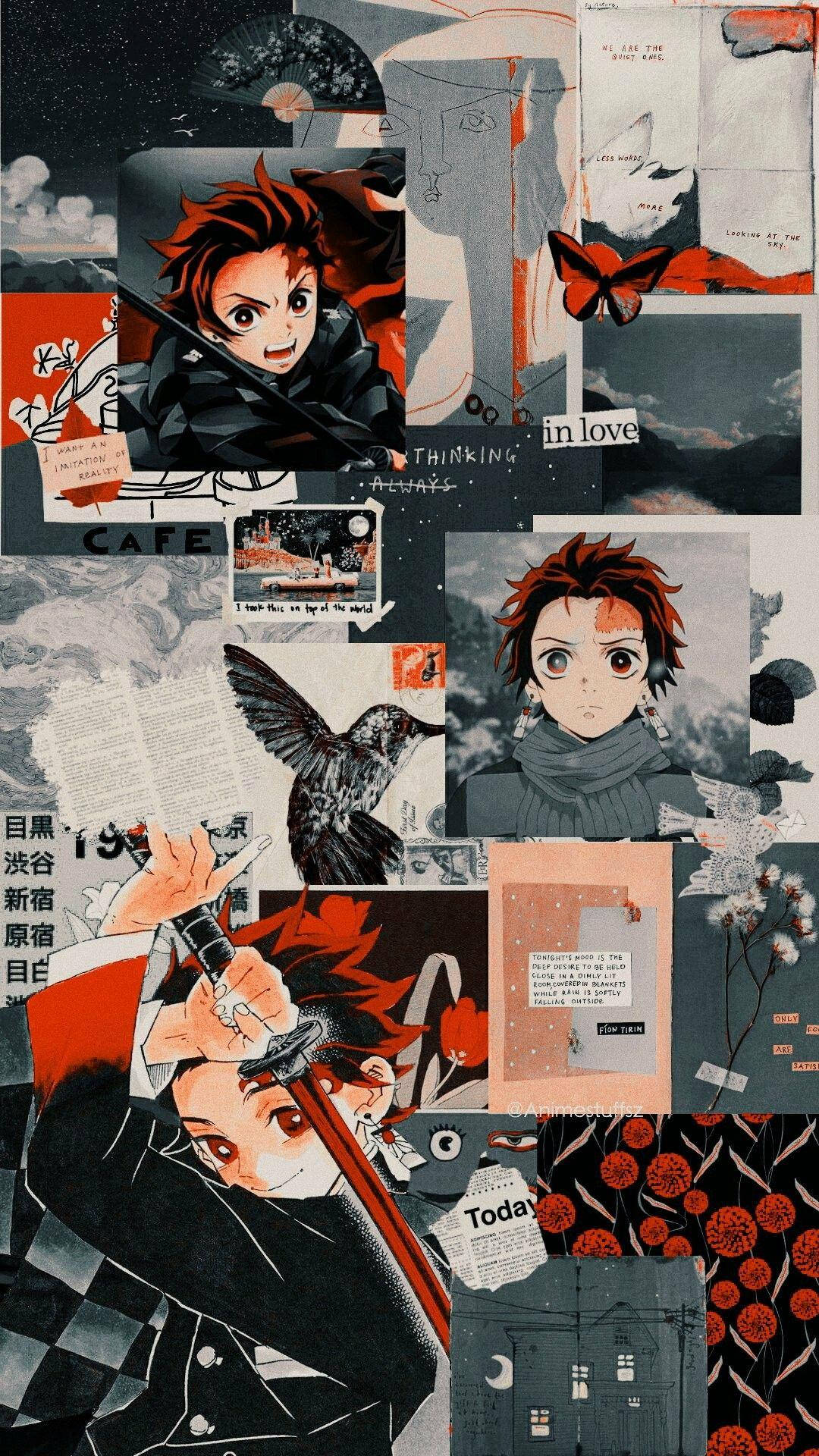 動漫男孩 桌布 壁紙 — 一幅充滿活力的動漫拼貼畫，描繪一位紅髮劍士在抽象藝術文字和自然元素中擺出動態姿勢。