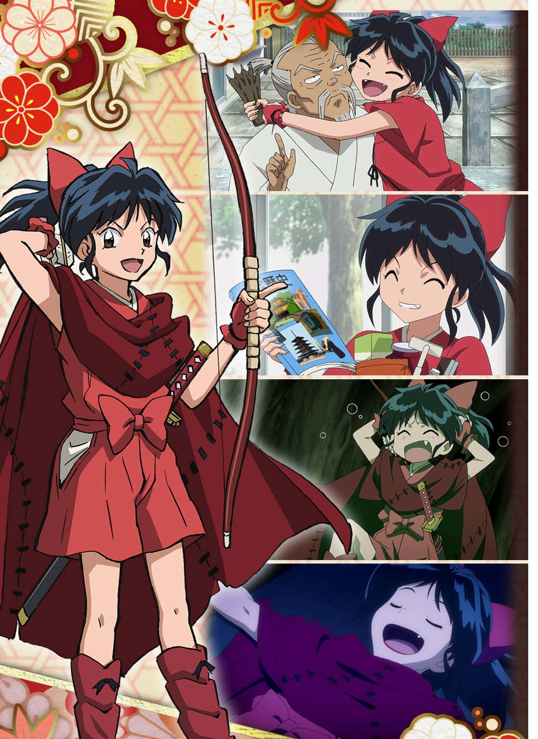 Setsuna 桌布 壁紙 — 一幅充滿活力的動漫拼貼畫，描繪一位身穿紅衣的年輕女孩揮舞著弓，周圍環繞著動態的動作和情感場景。