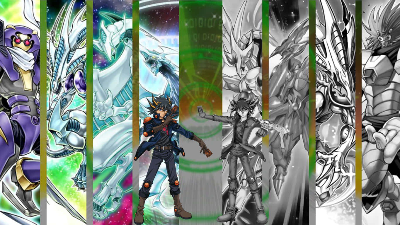 Yusei Fudo 桌布 壁紙 — 一幅充滿活力的動漫拼貼畫，描繪一位年輕決鬥者與他強大的龍族怪獸擺出動態戰鬥姿勢。