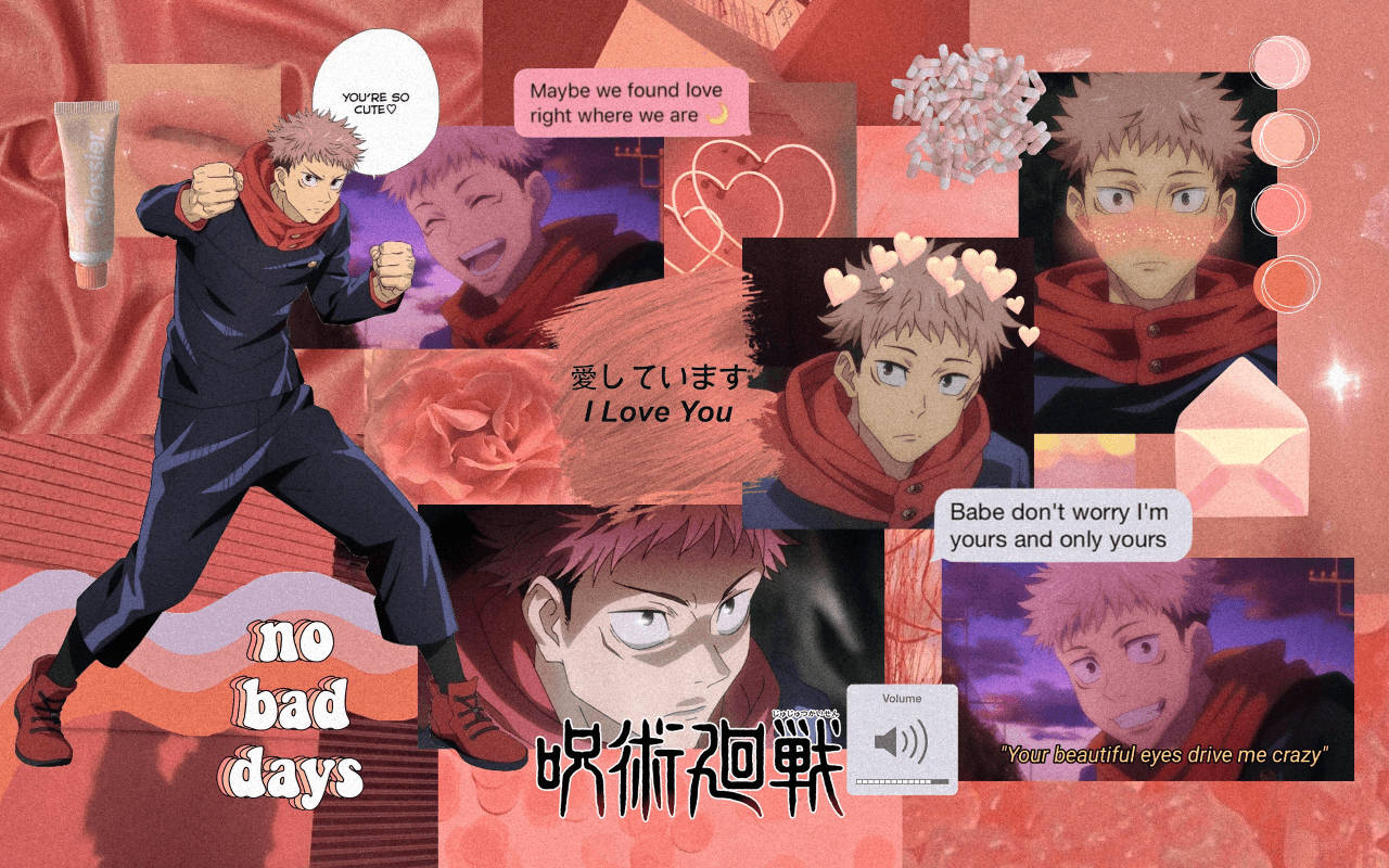 Jujutsu Kaisen Desktop 桌布 壁紙 — 一幅充滿活力的動漫拼貼畫，描繪一個男性角色以動態姿勢呈現，周圍環繞著浪漫的文字疊加和柔和的粉紅玫瑰圖案。