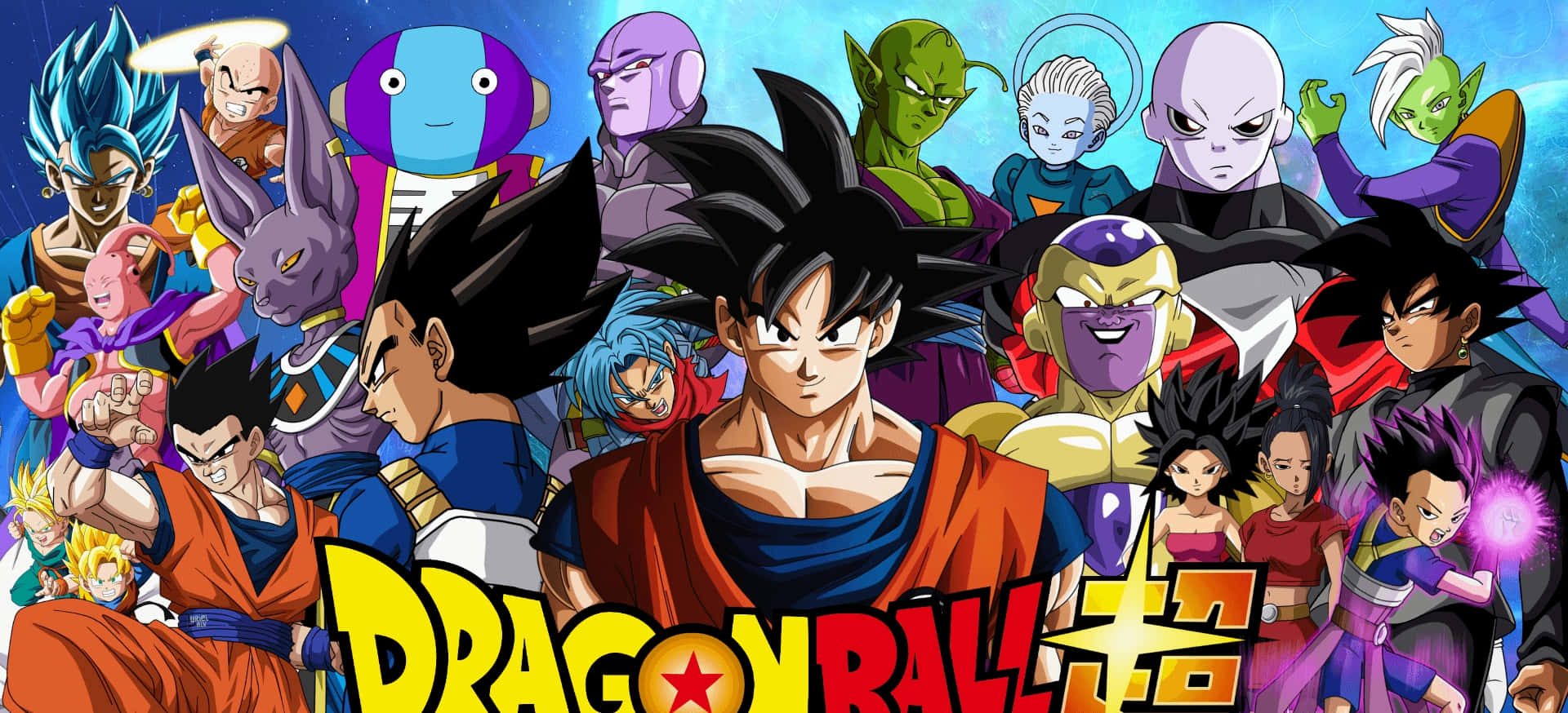 Dragon Ball Super Universe 6 桌布 壁紙 — 一幅充滿活力的動漫拼貼畫，描繪七龍珠角色在宇宙藍色背景上擺出動態姿勢。